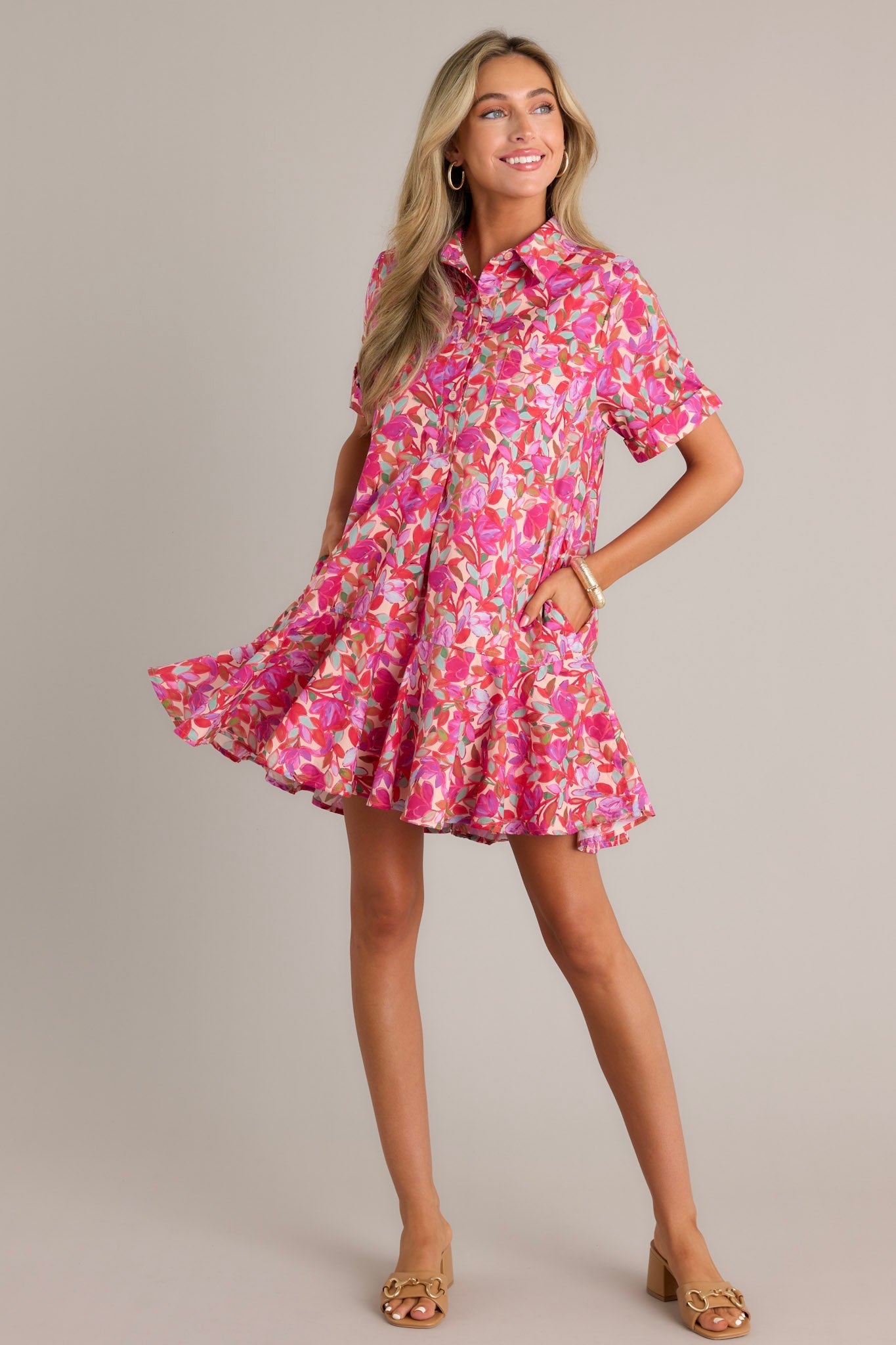 Chic Harmony 100% Cotton Pink Floral Mini Shirt Dress