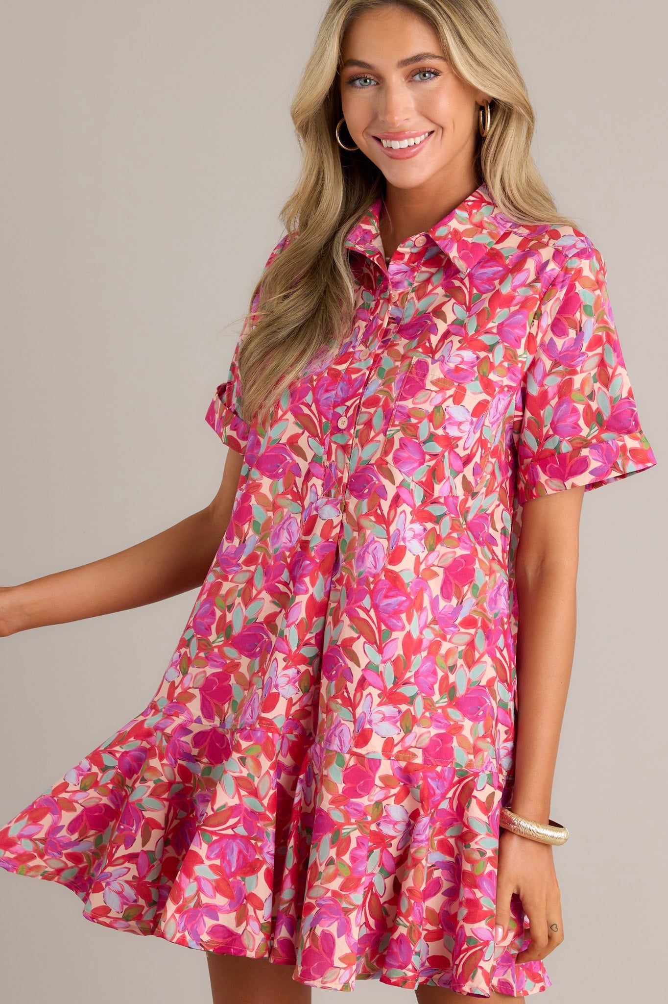 Chic Harmony 100% Cotton Pink Floral Mini Shirt Dress