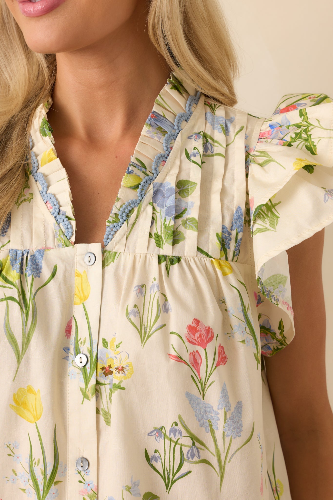 Worth The View Ivory Floral Print Cotton Button Front Top