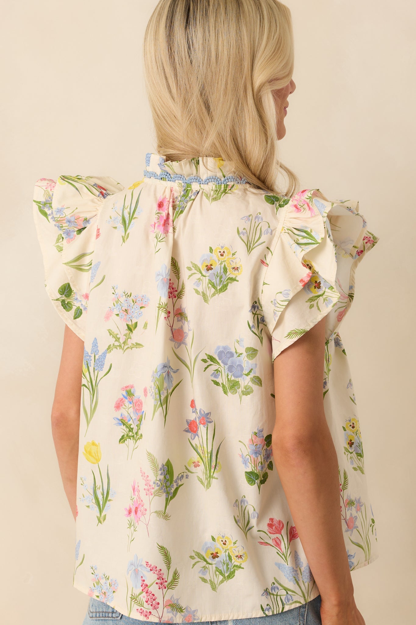 Worth The View Ivory Floral Print Cotton Button Front Top