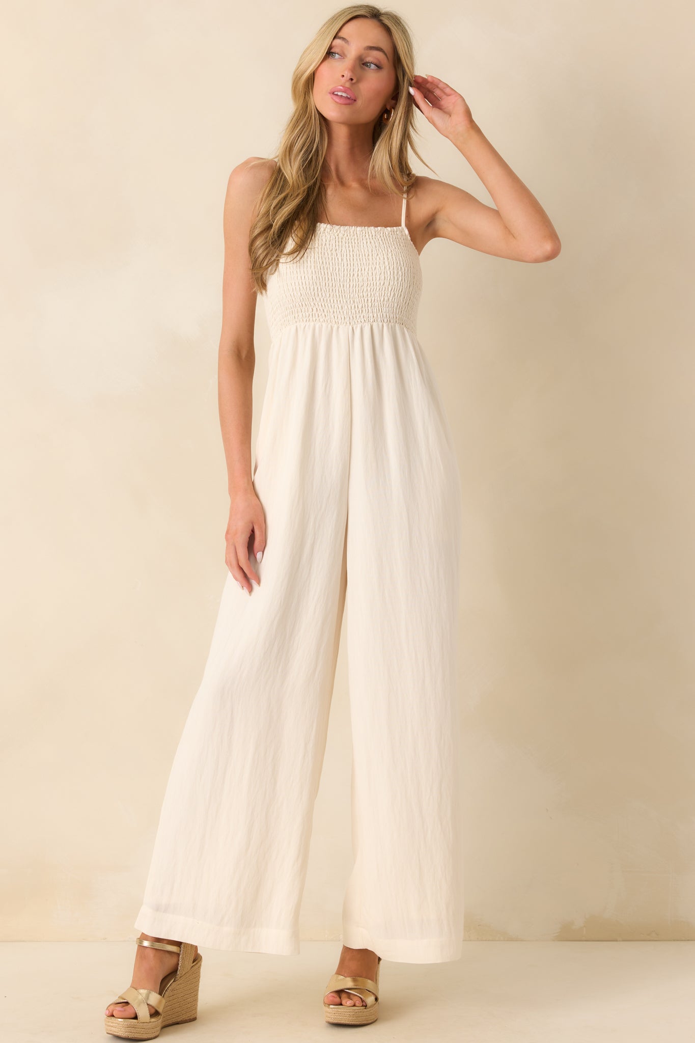 Z Supply Ivory Rayon Beachside Smocked Jumpsuit