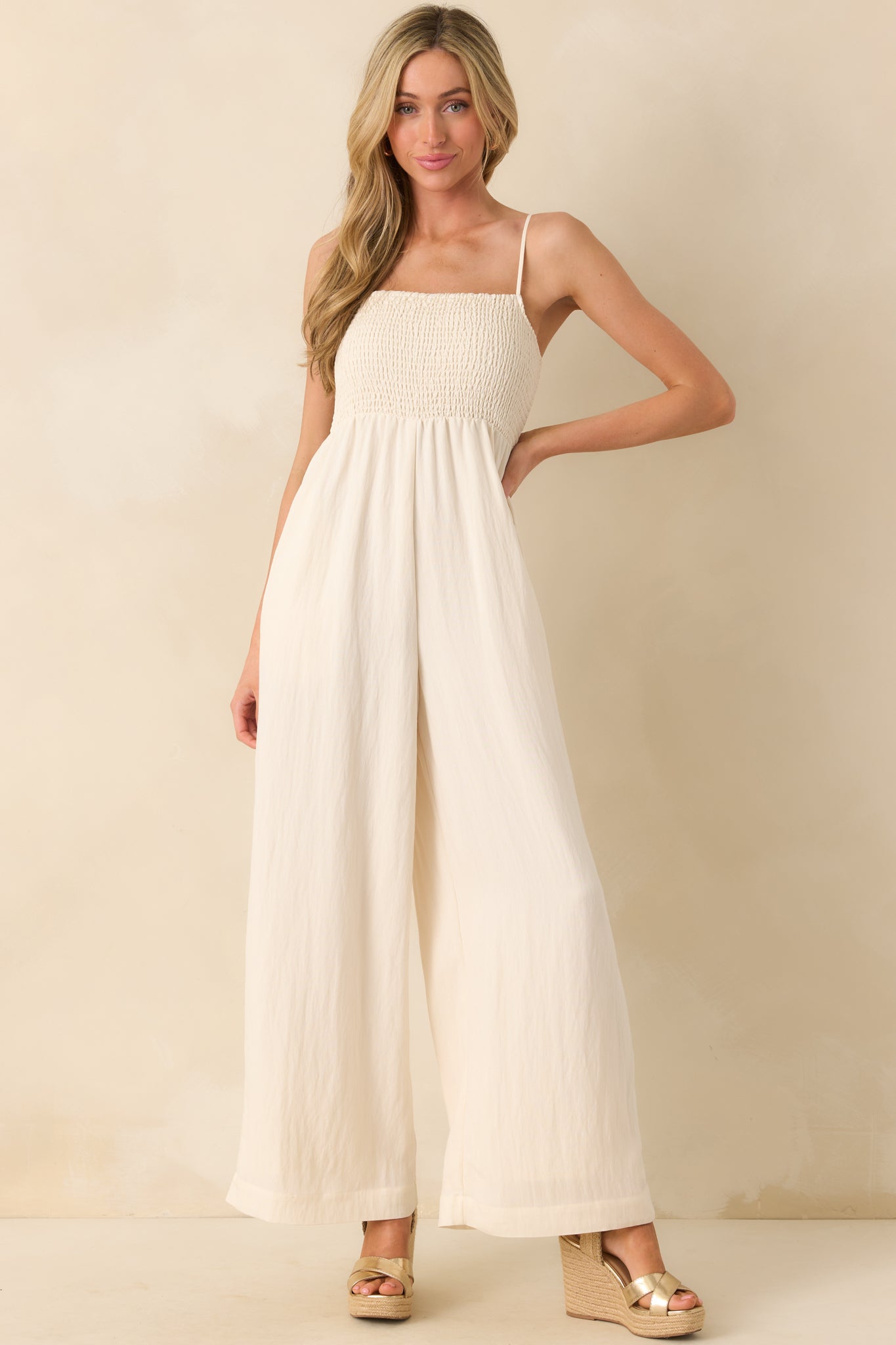 Z Supply Ivory Rayon Beachside Smocked Jumpsuit