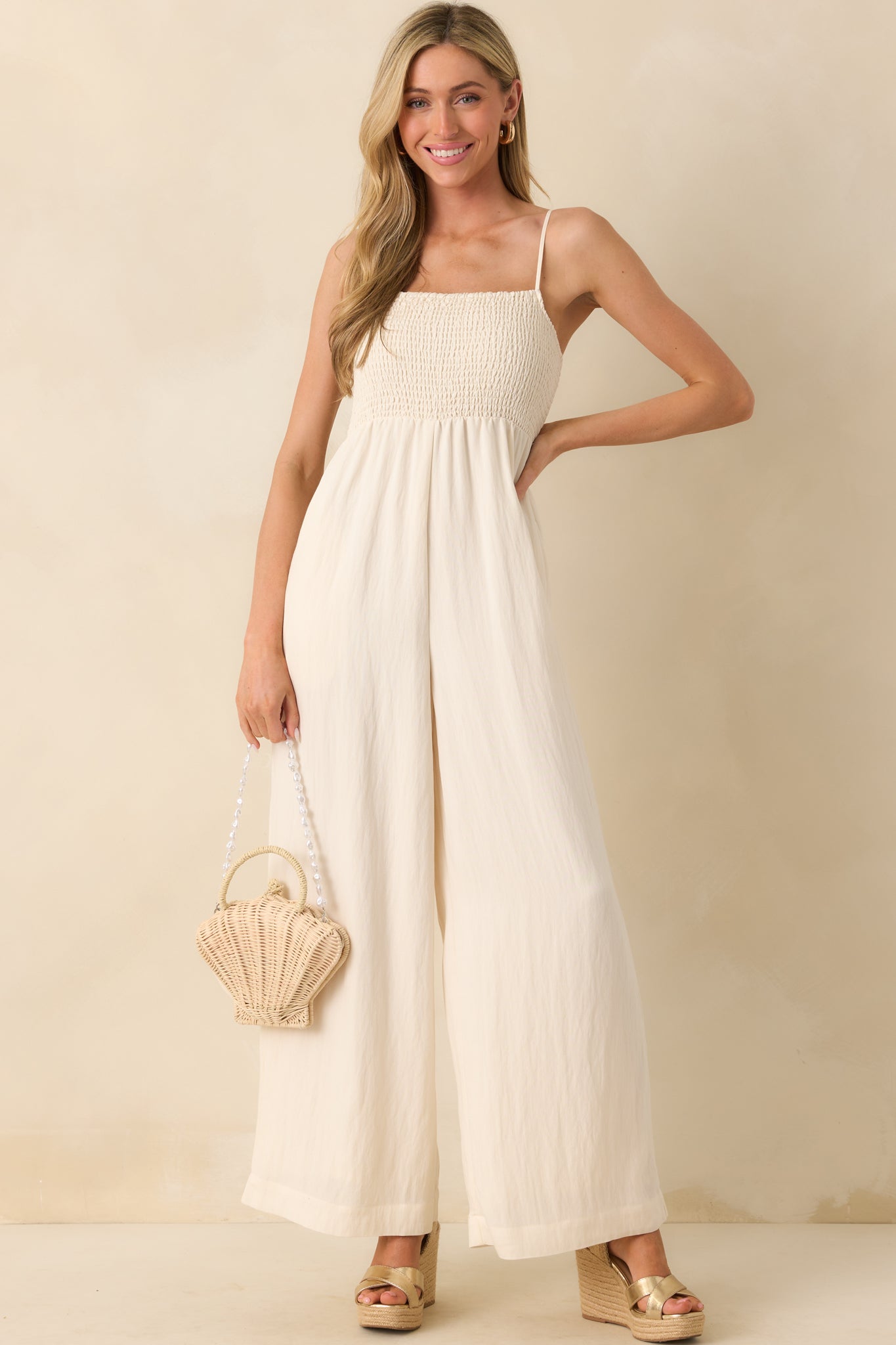 Z Supply Ivory Rayon Beachside Smocked Jumpsuit