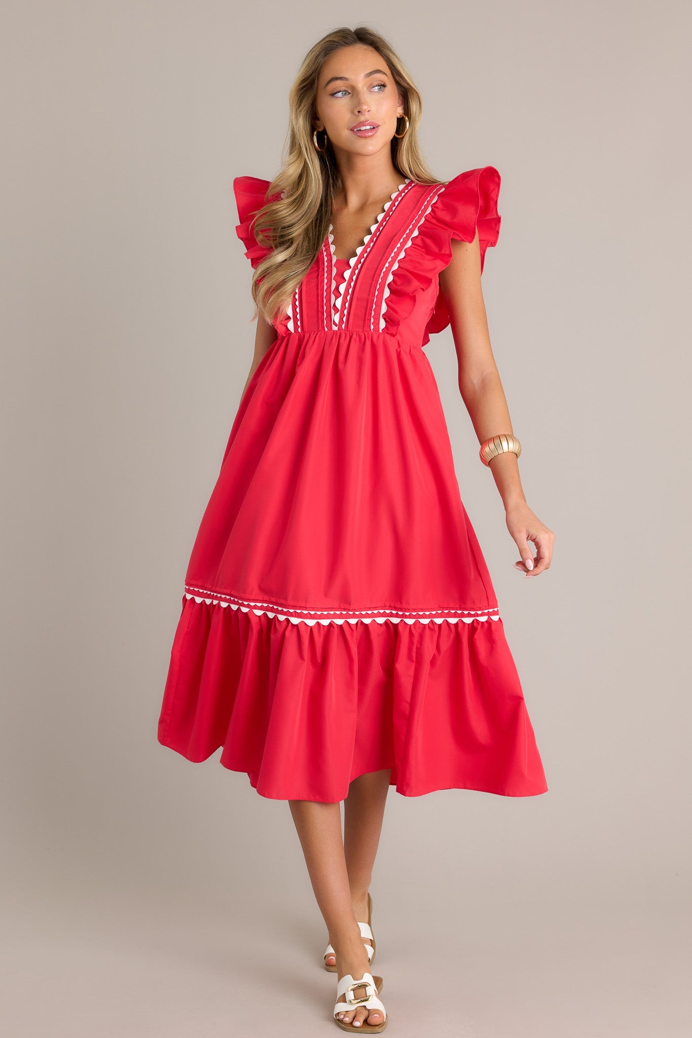 Wishful Thinking Red Flutter Sleeve Midi Dress