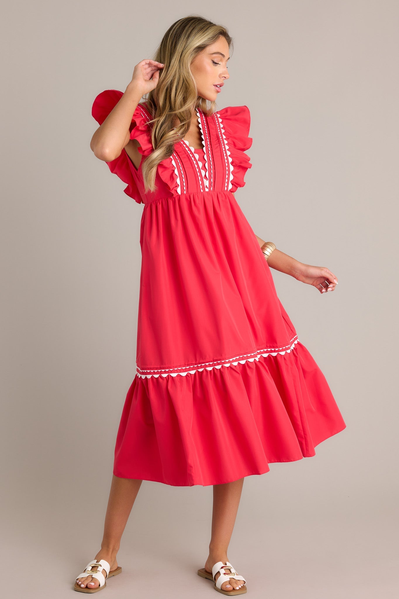 Wishful Thinking Red Flutter Sleeve Midi Dress