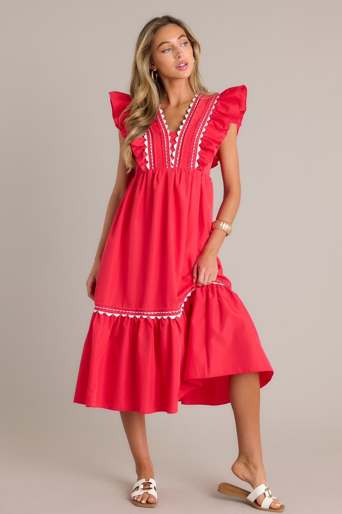 Wishful Thinking Red Flutter Sleeve Midi Dress