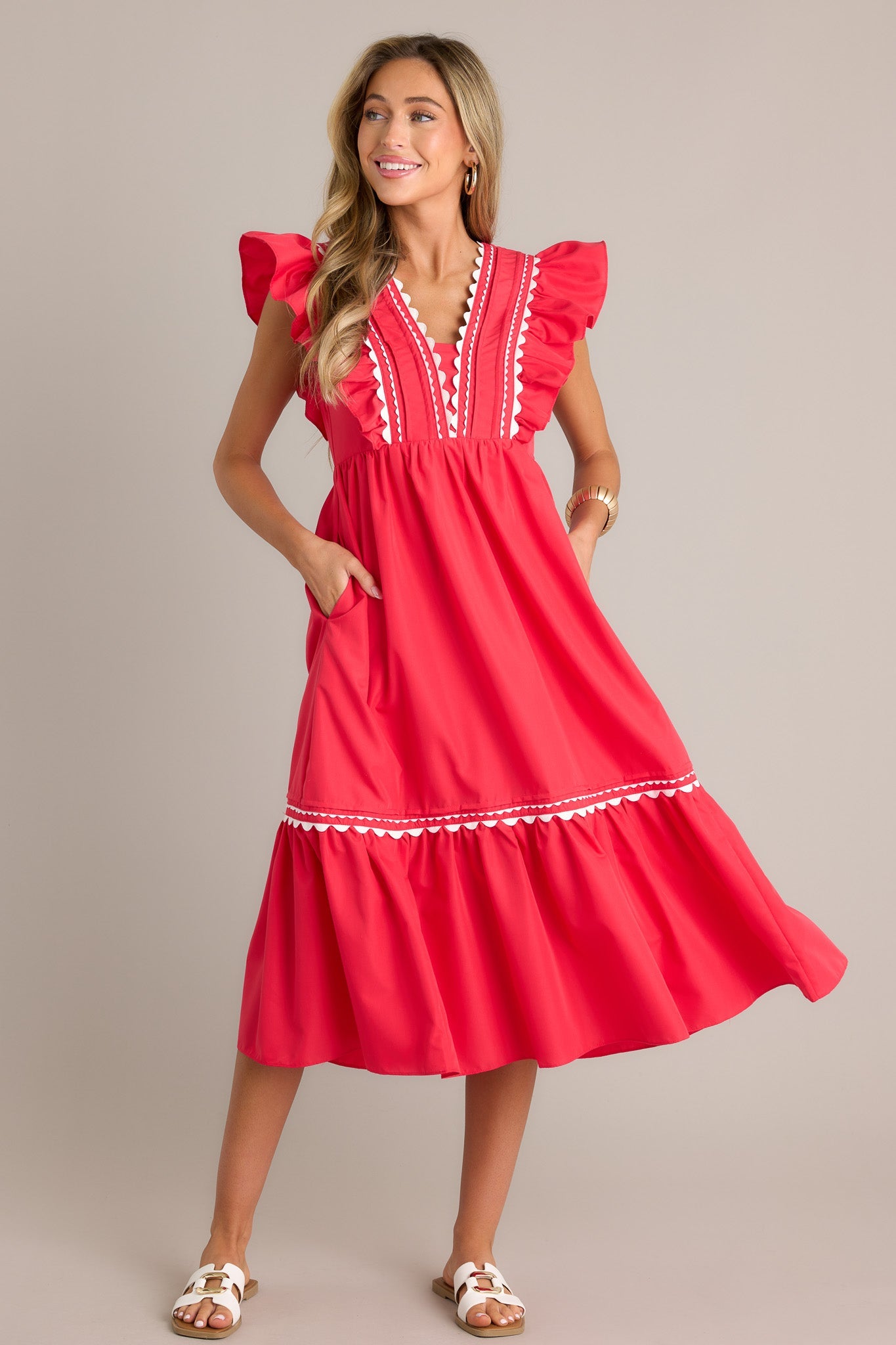 Wishful Thinking Red Flutter Sleeve Midi Dress