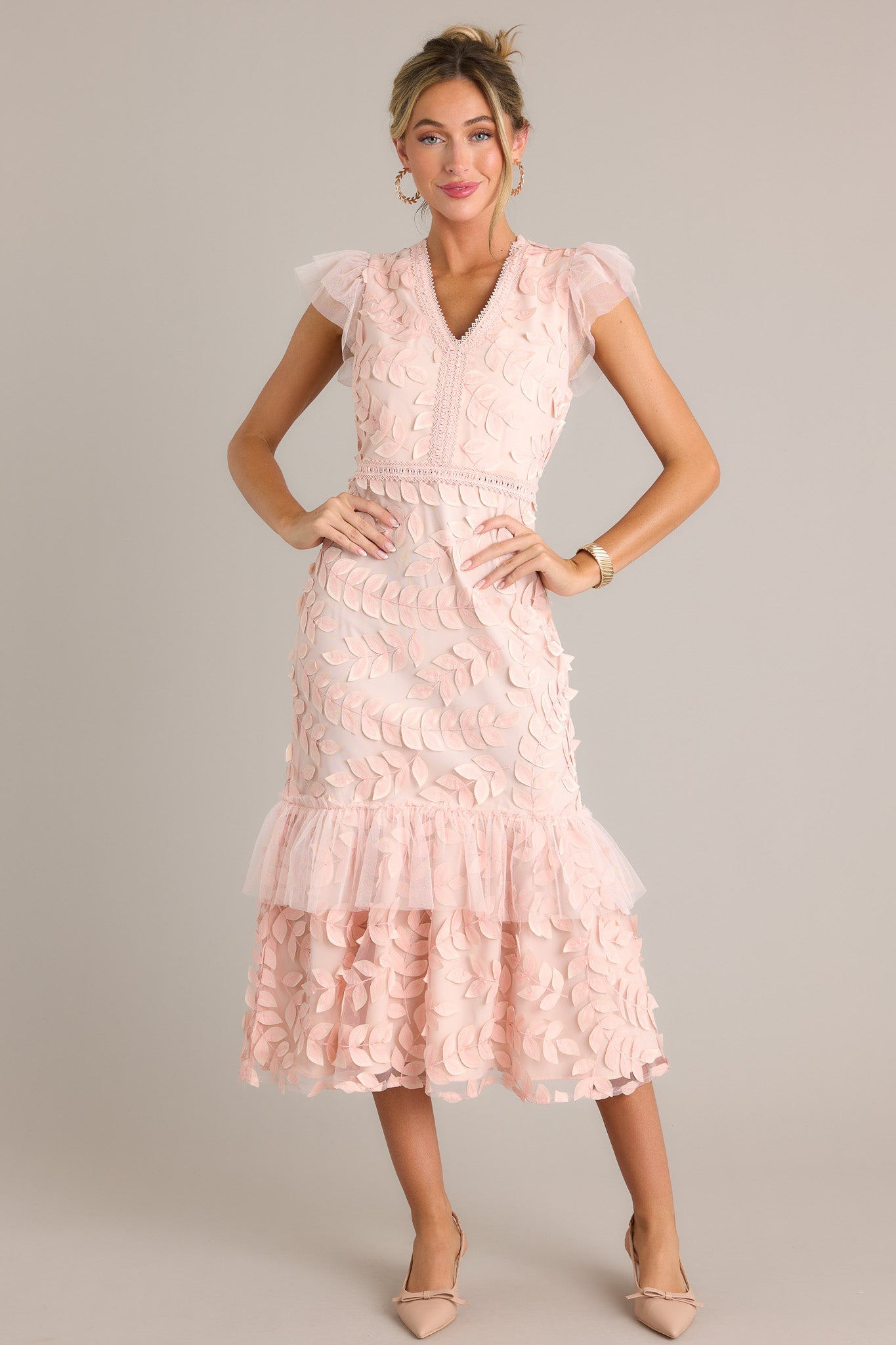 Caught Your Eye Light Pink Floral Embroidered Midi Dress