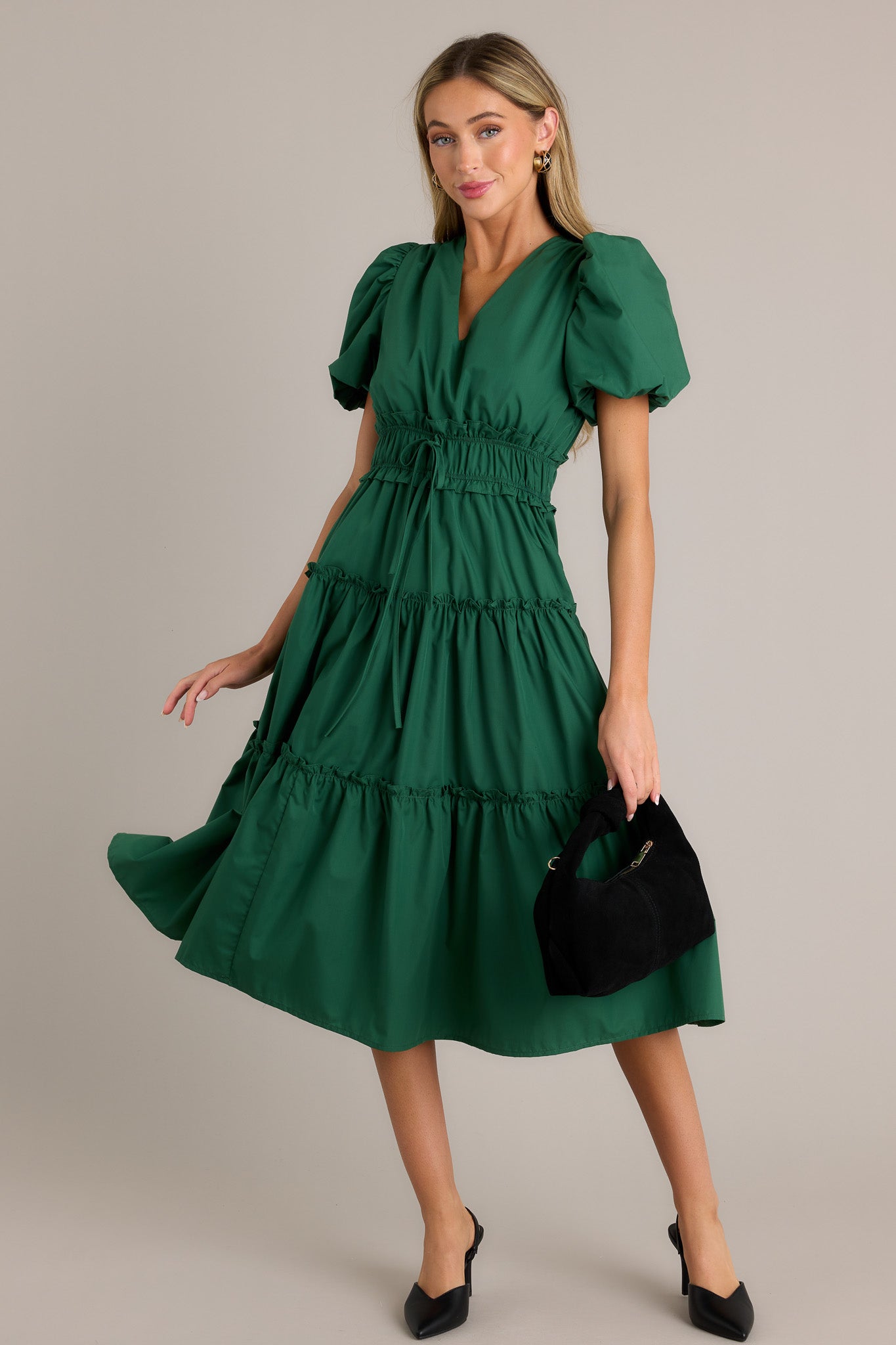 Easily Understood Hunter Green Puff Sleeve Midi Dress