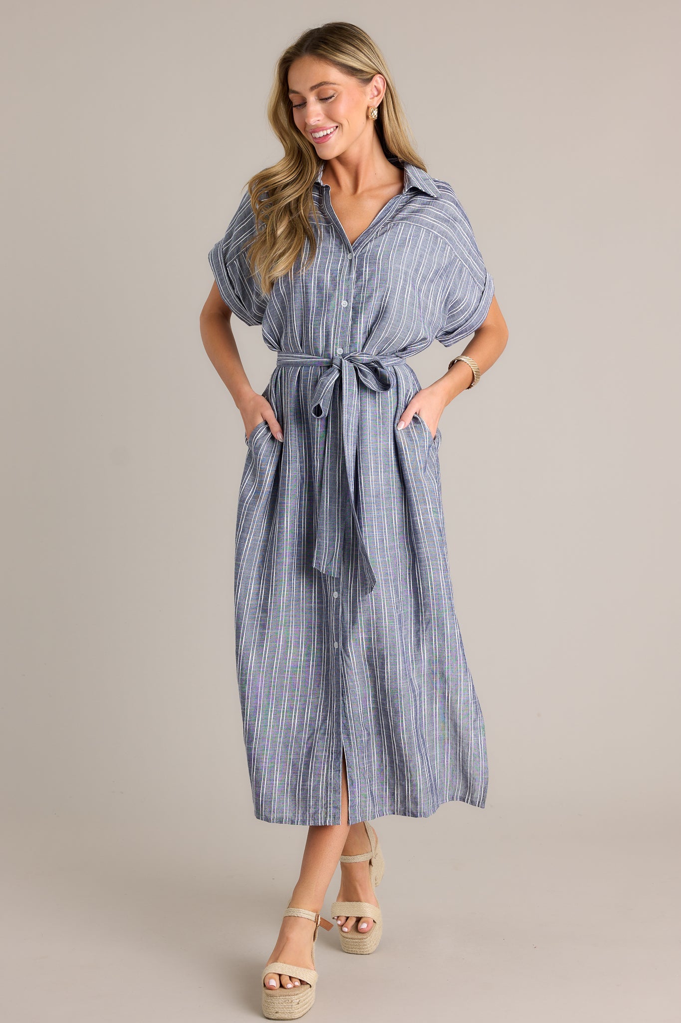 Endless Journey Blue Stripe Midi Shirt Dress