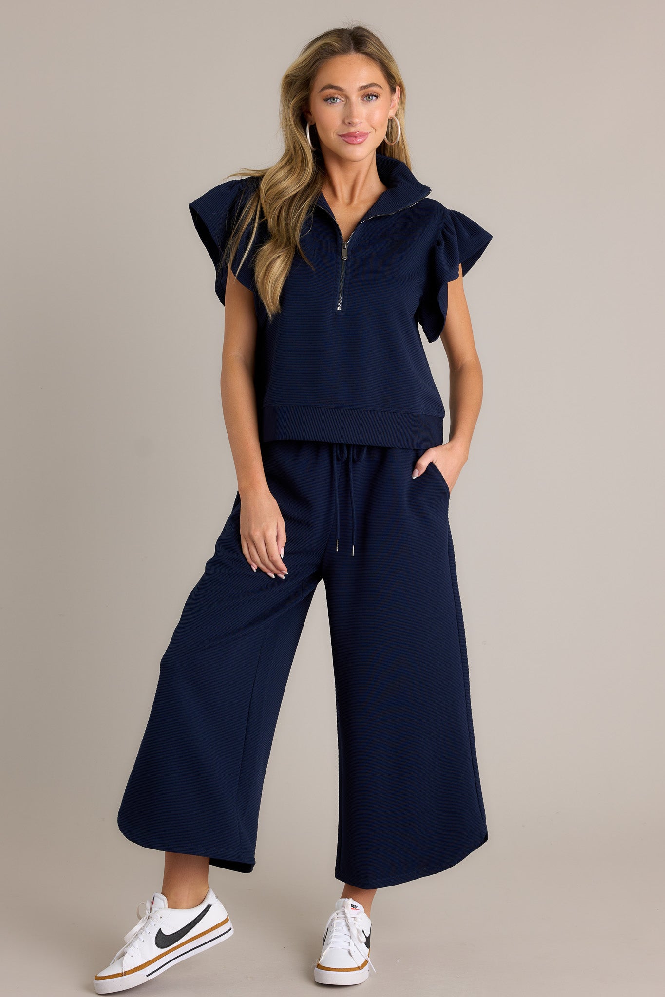 Honey Hug Navy Ribbed Quarter Zip Top