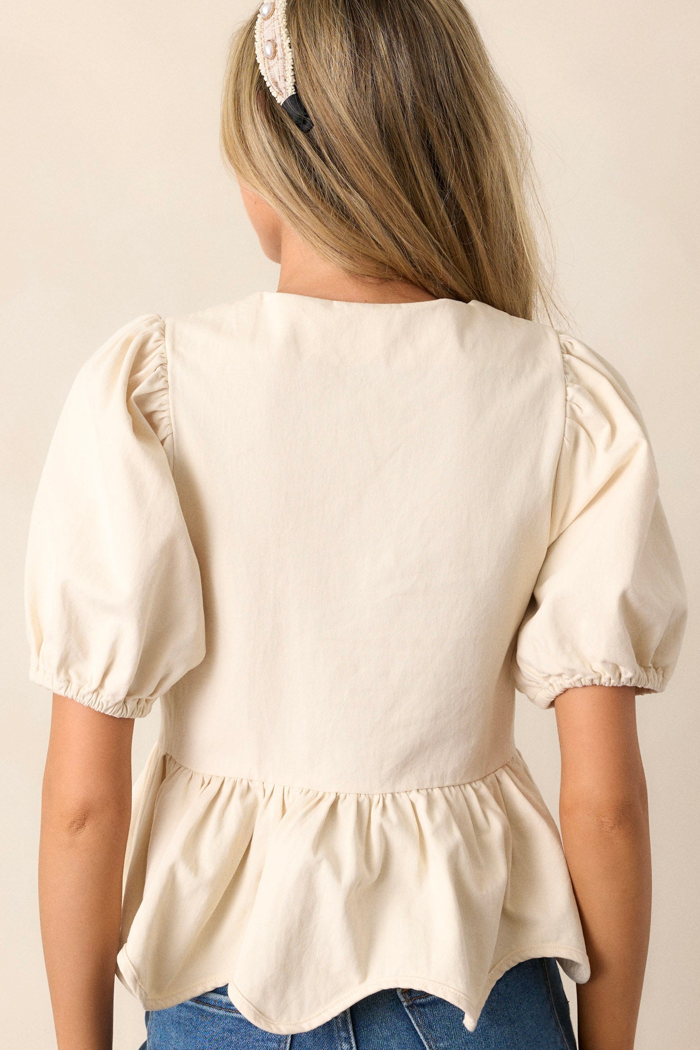 Just A Girl 100% Cotton Ivory Puff Sleeve Bow Peplum Top