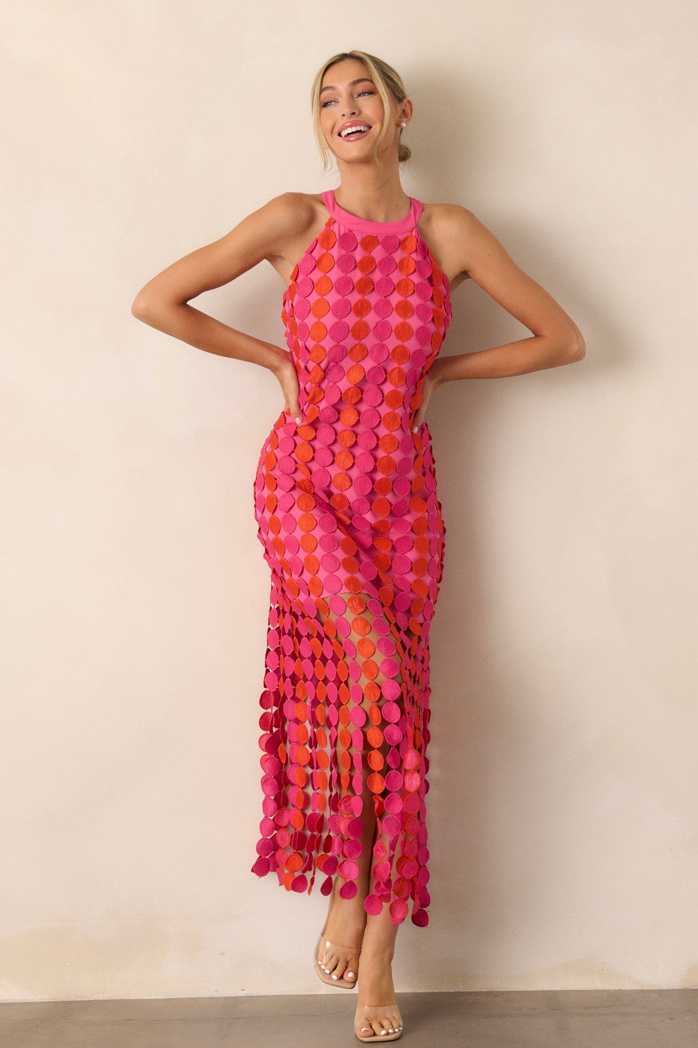 Dream Avenue Hot Pink Fringe Halter Top Midi Dress
