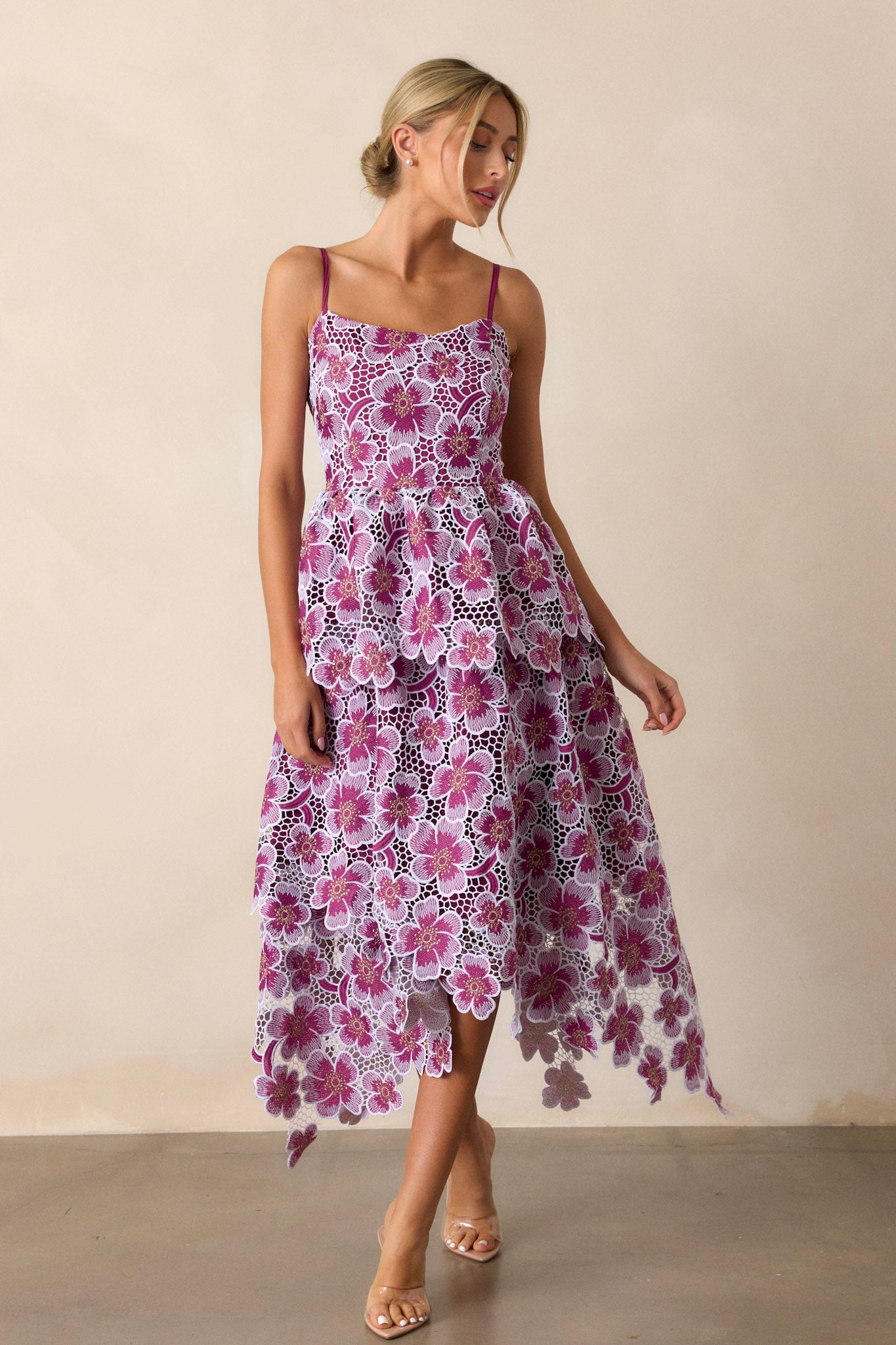 Glimpse Of Grace Light Plum Floral Embroidered Midi Dress