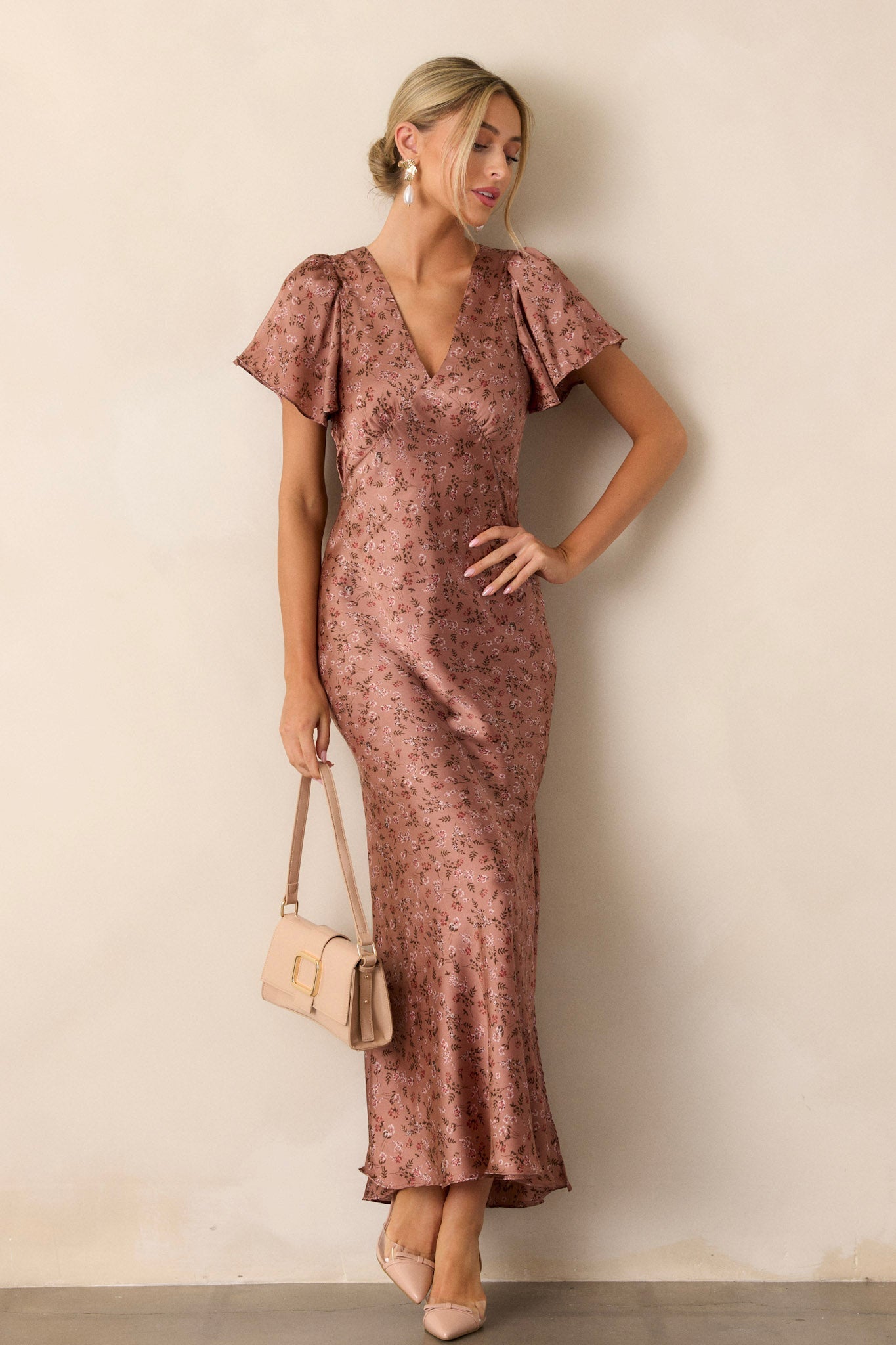 Champagne Moments Dusty Rose Floral Satin Maxi Dress