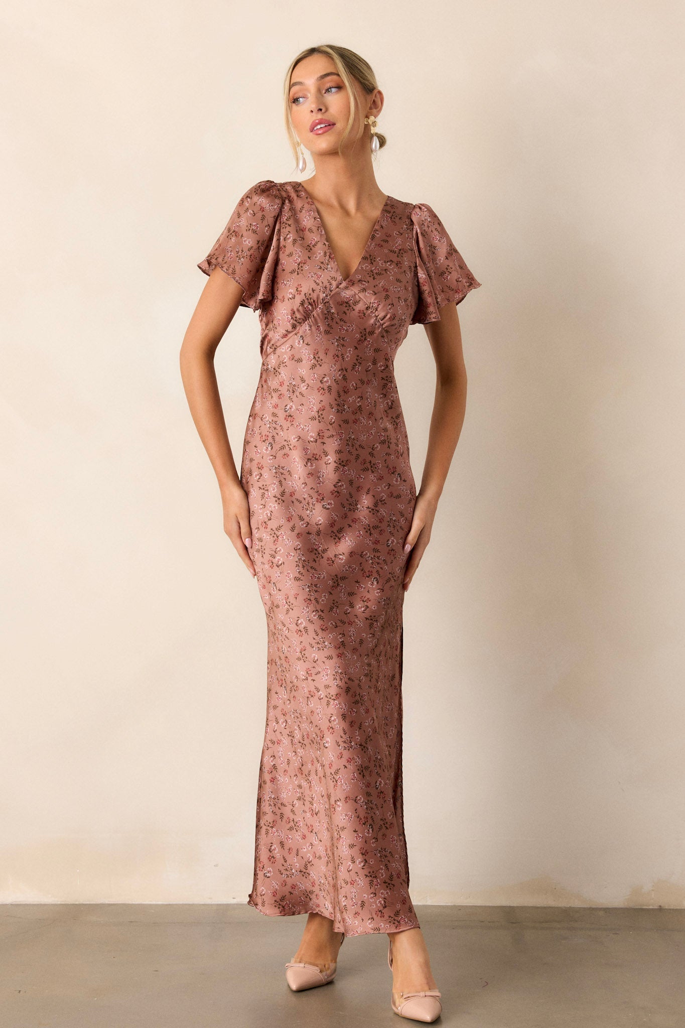 Champagne Moments Dusty Rose Floral Satin Maxi Dress