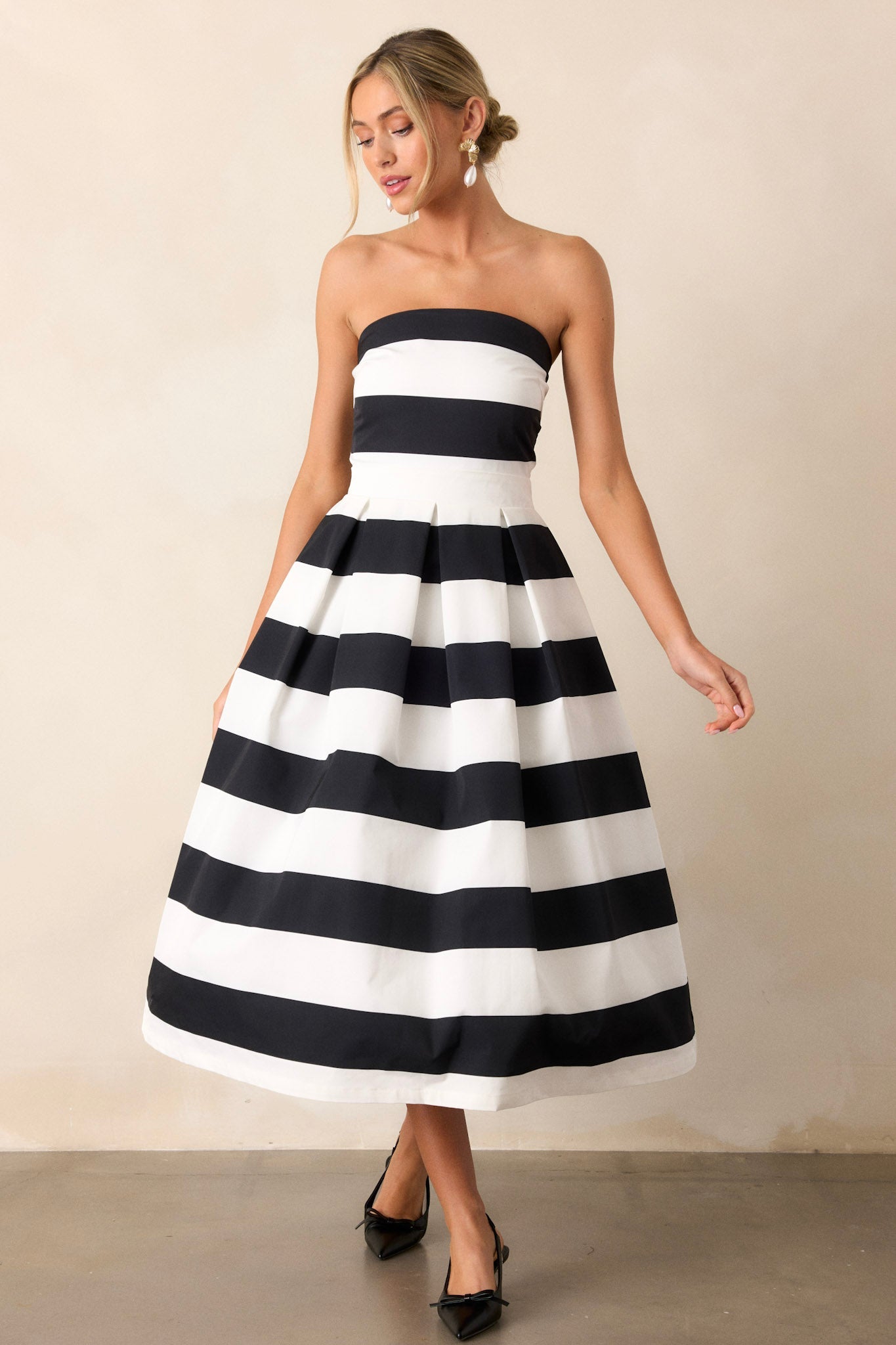 Crisp Contrast Black & White Stripe Strapless Midi Dress