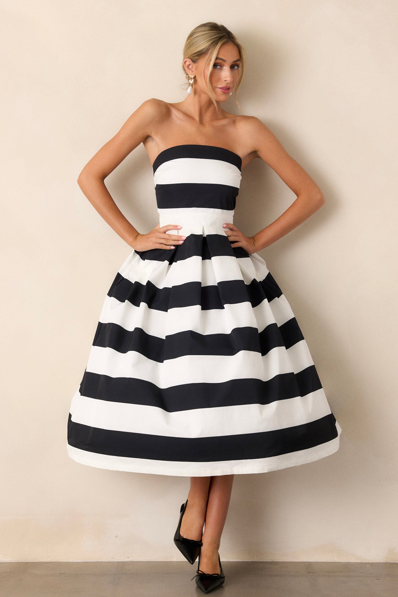Crisp Contrast Black & White Stripe Strapless Midi Dress