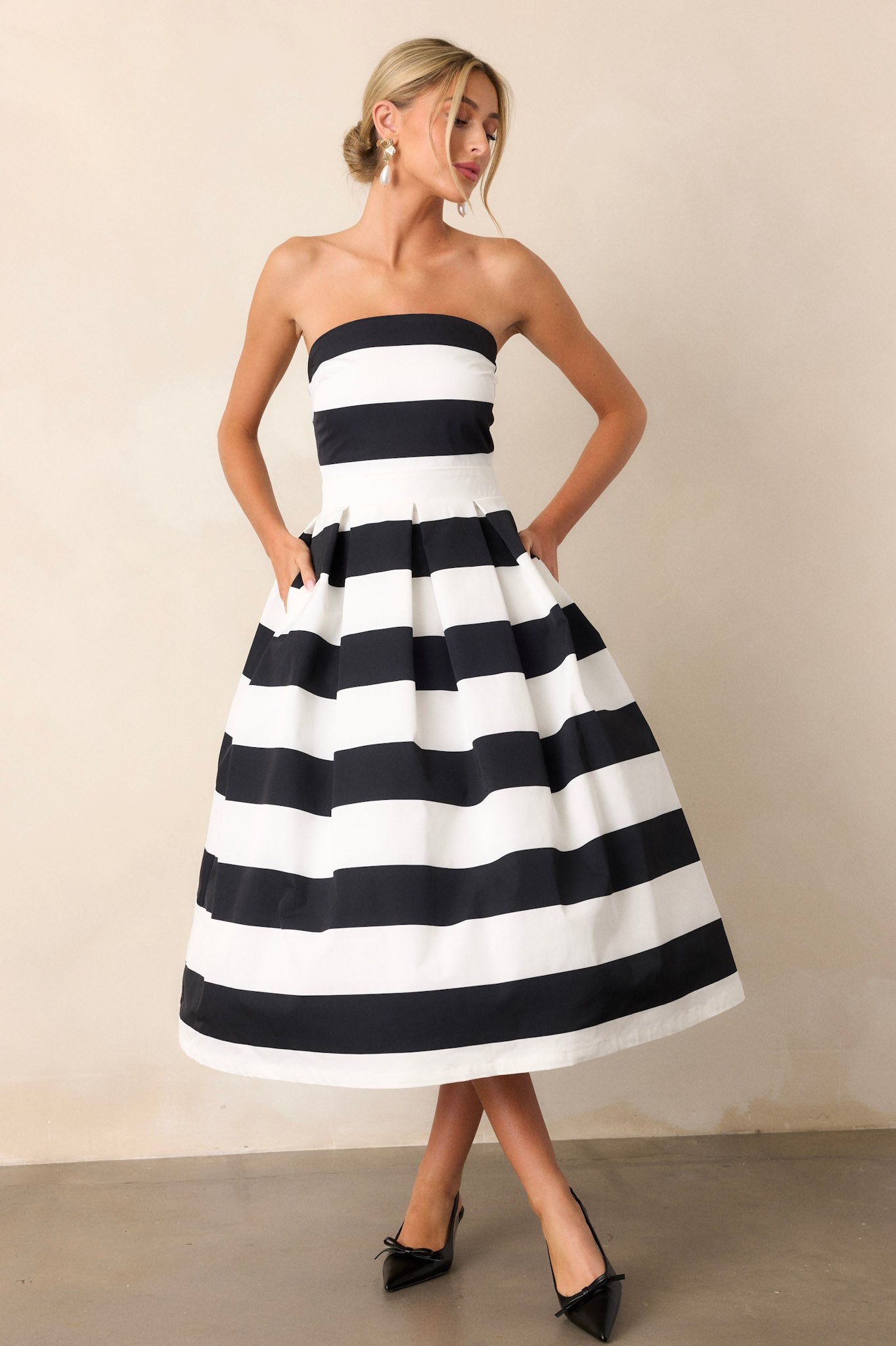 Crisp Contrast Black & White Stripe Strapless Midi Dress