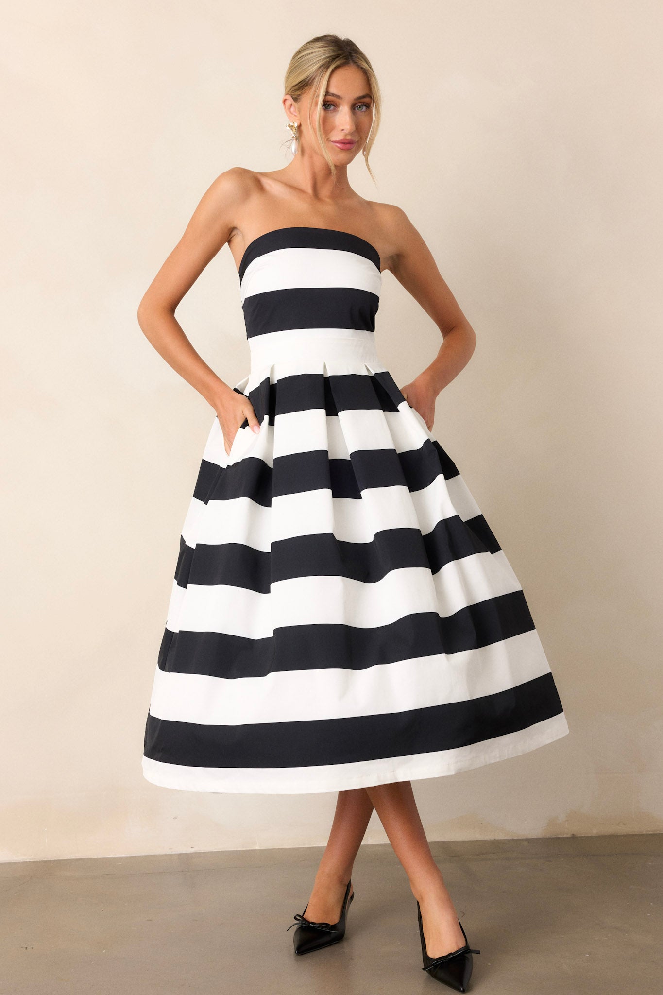Crisp Contrast Black & White Stripe Strapless Midi Dress