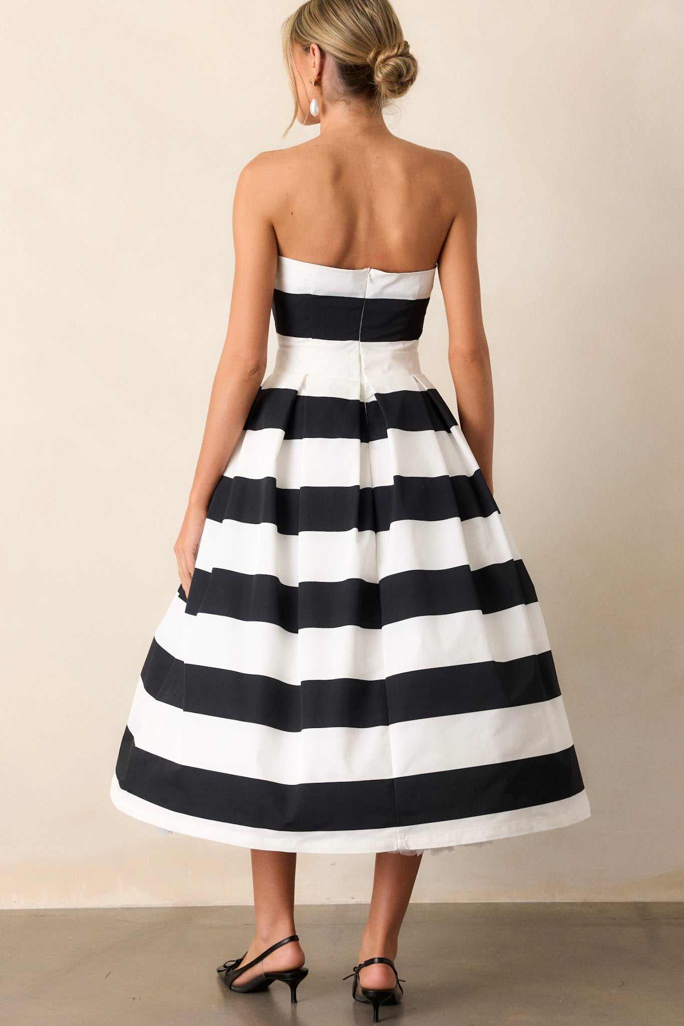 Crisp Contrast Black & White Stripe Strapless Midi Dress