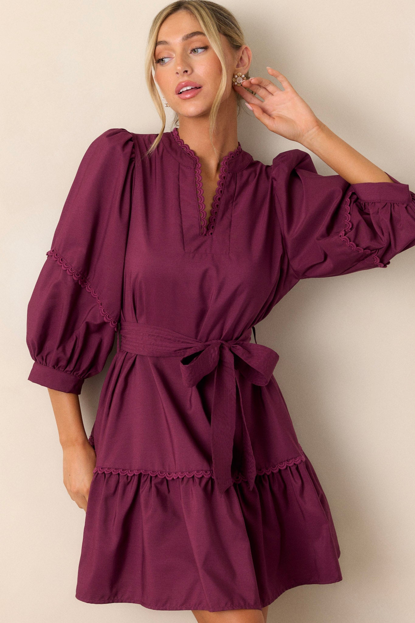 Fire and Rain Plum Bishop Sleeve Mini Dress