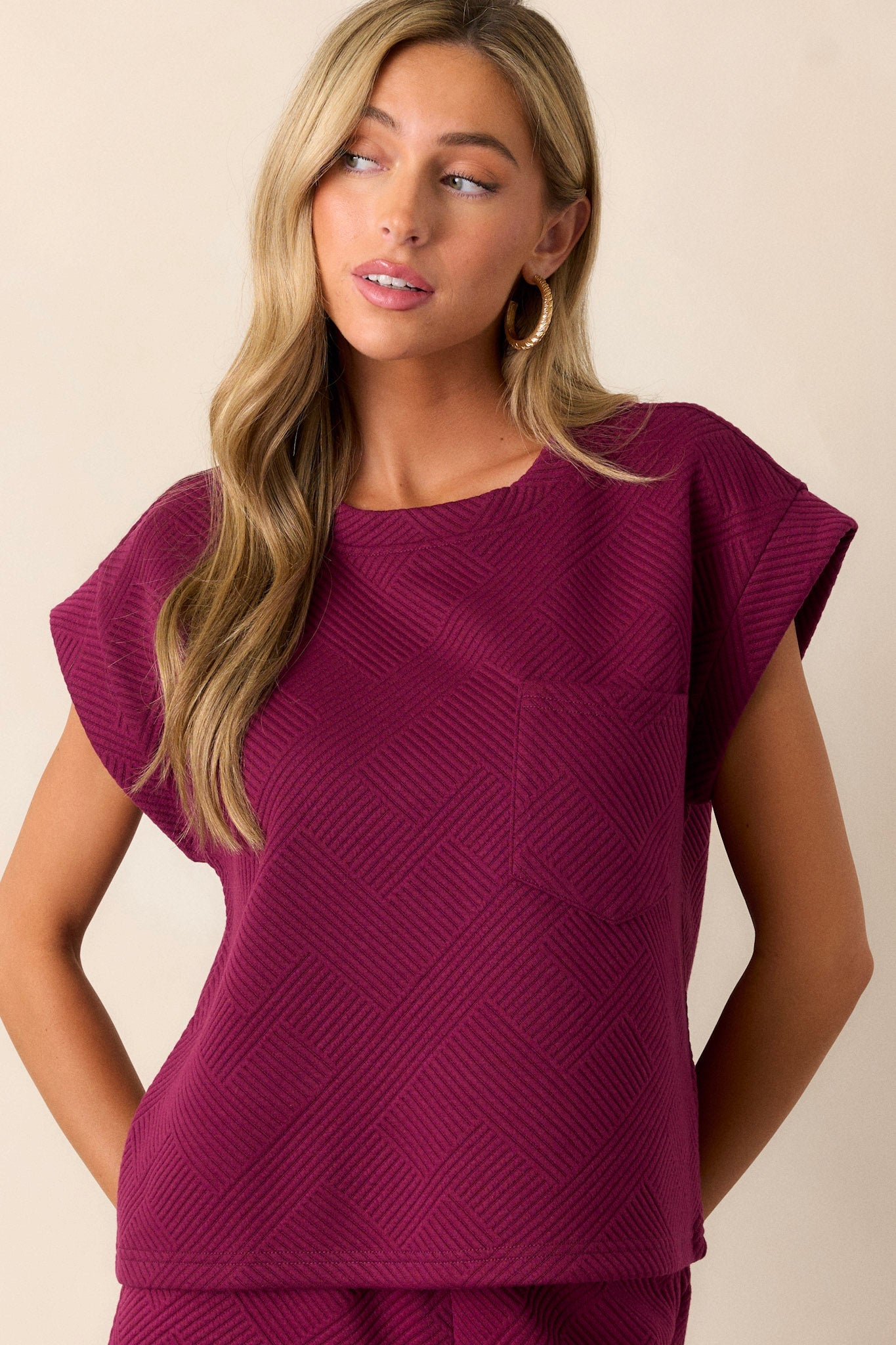 Keep It Creative Dark Sangria Textured Short Sleeve Top