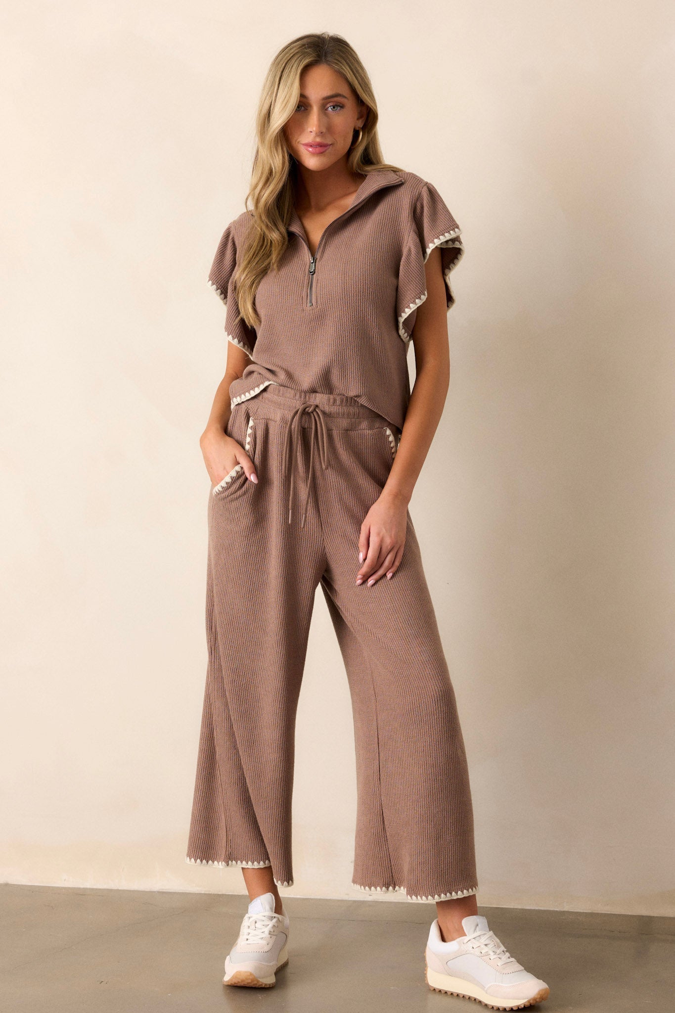 Ease My Mind Mocha Blanket Stitch Quarter Zip Sweater