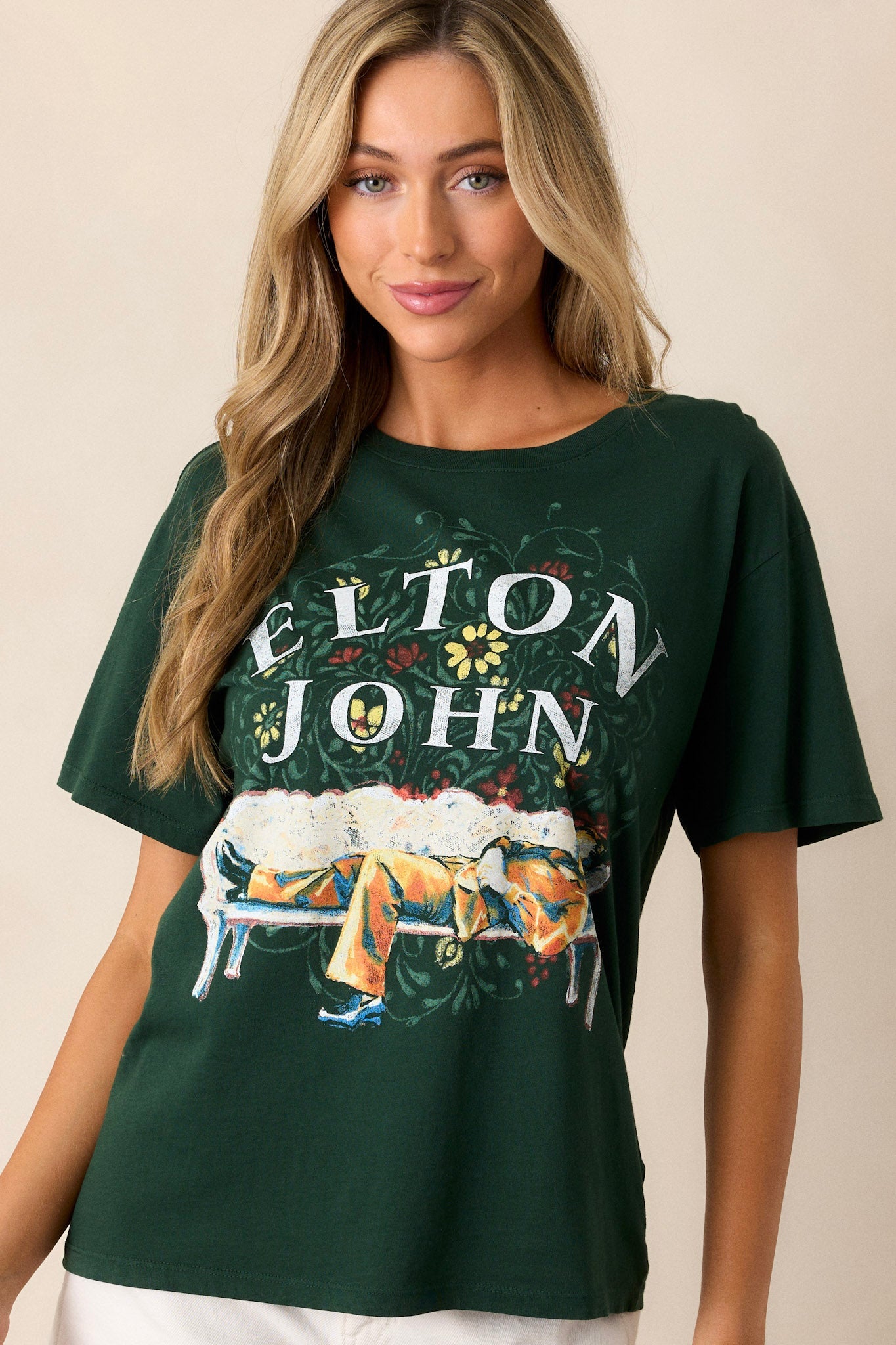 Elton John Vintage Green Floral Boyfriend Tee