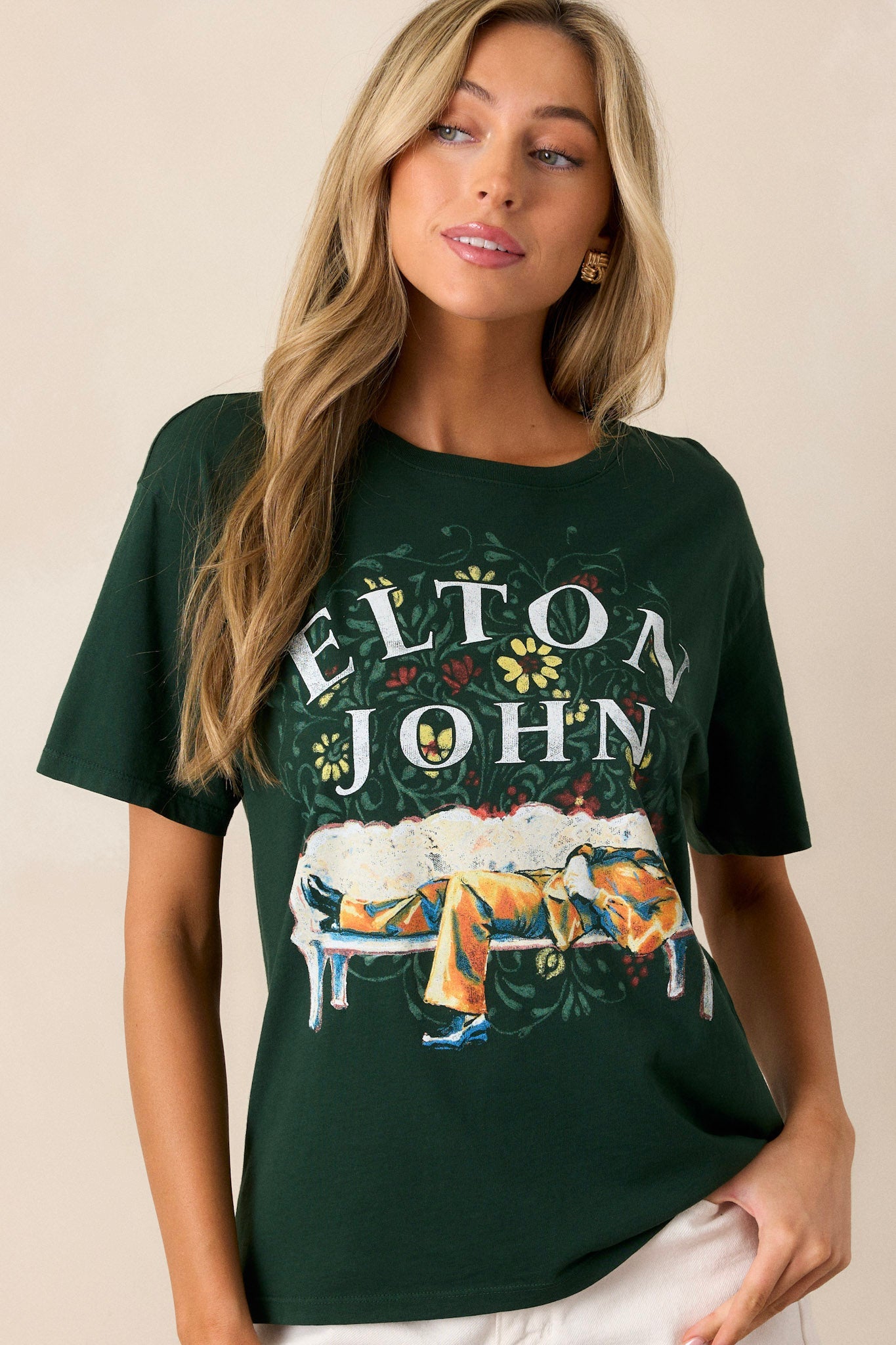 Elton John Vintage Green Floral Boyfriend Tee