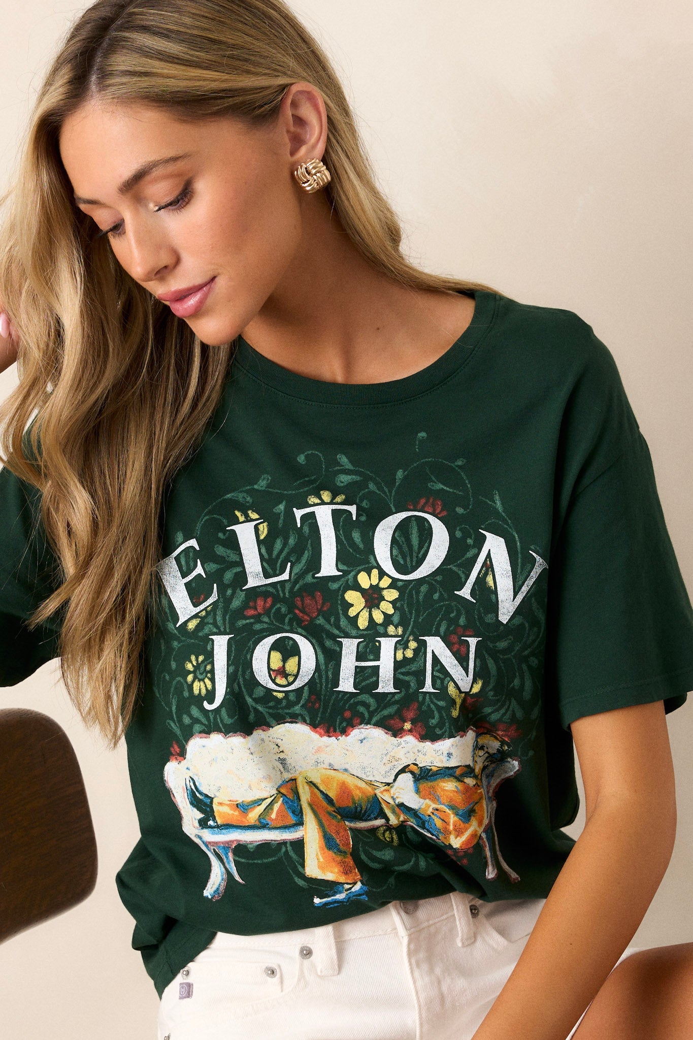 Elton John Vintage Green Floral Boyfriend Tee