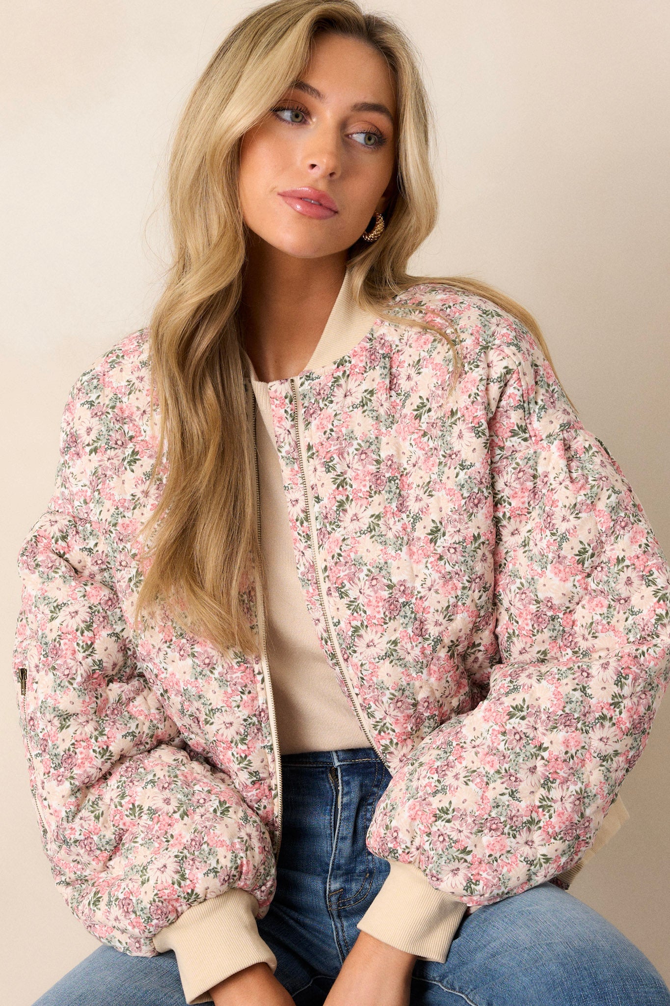 Gentle Hues Pink Floral Quilted Bomber Jacket