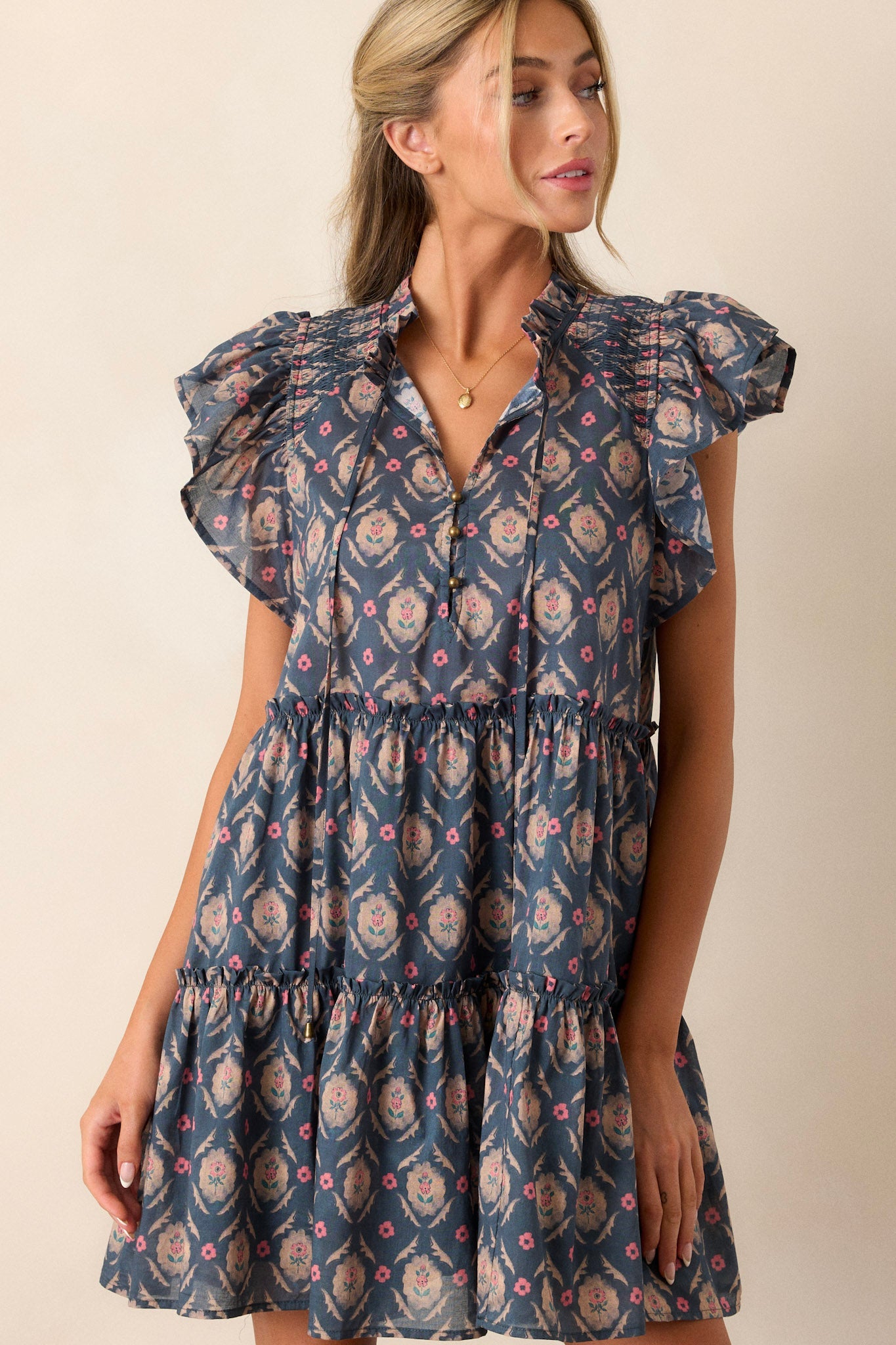 Wildflower Dreams 100% Cotton Dark Teal Floral Mini Dress