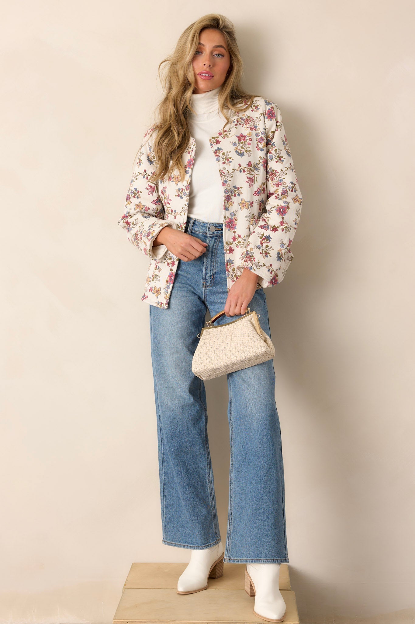 Wild Honey Ivory Floral Crew Neck Denim Jacket