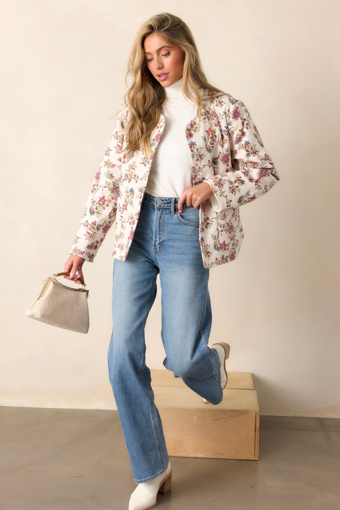 Wild Honey Ivory Floral Crew Neck Denim Jacket