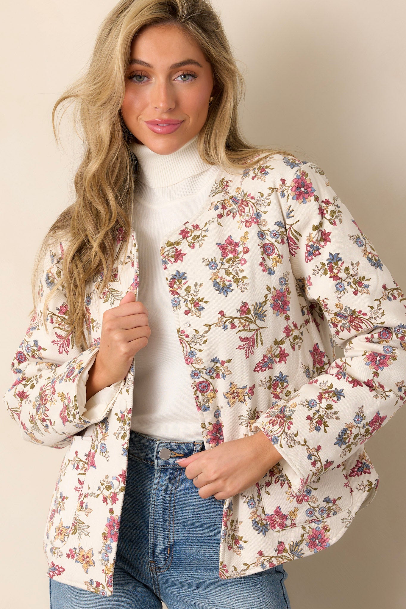 Wild Honey Ivory Floral Crew Neck Denim Jacket