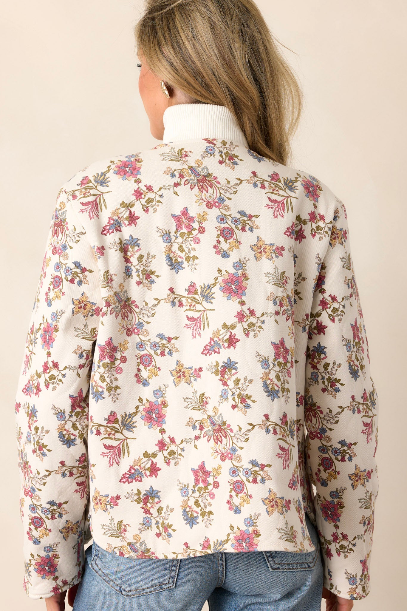 Wild Honey Ivory Floral Crew Neck Denim Jacket