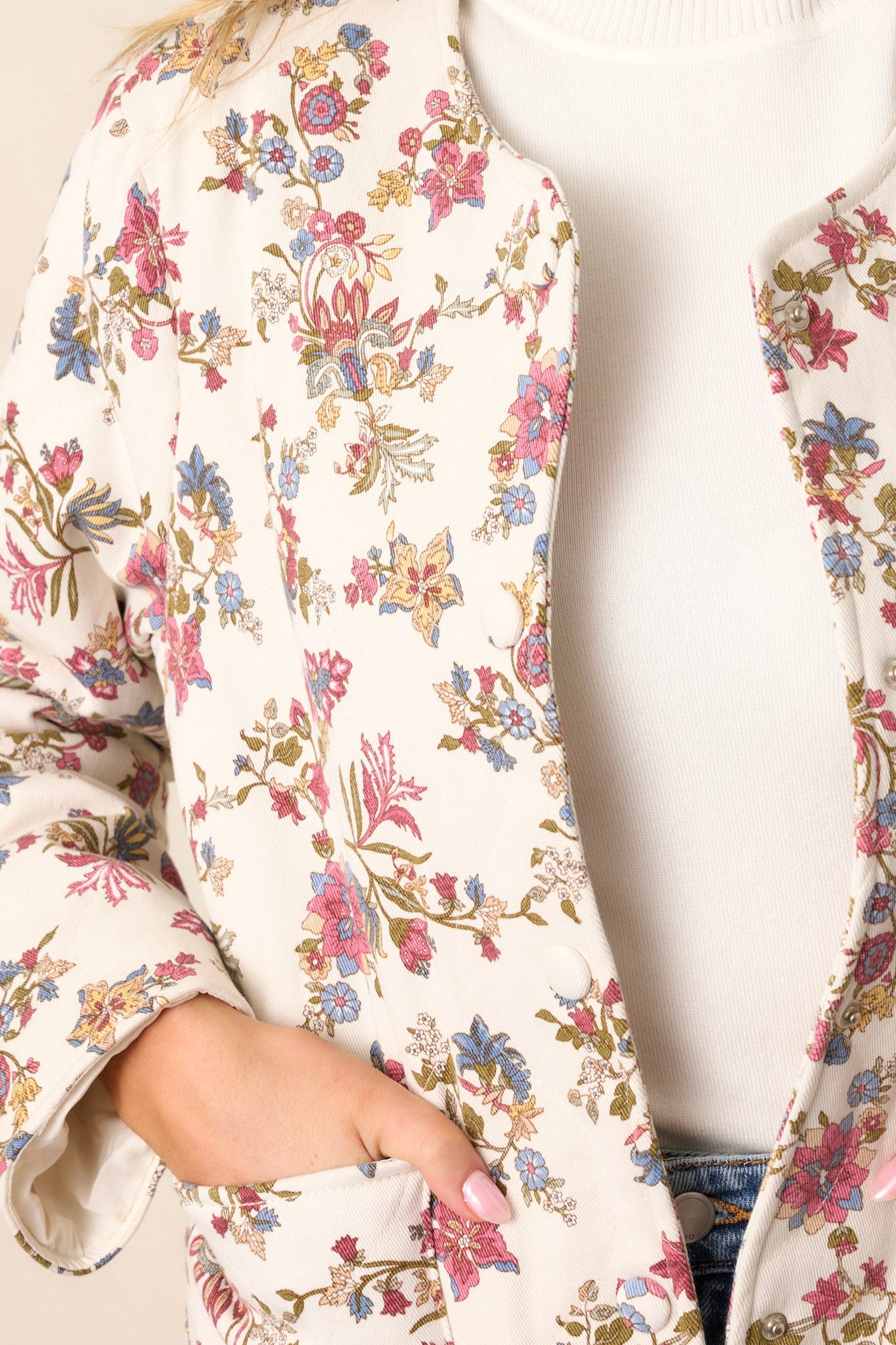 Wild Honey Ivory Floral Crew Neck Denim Jacket