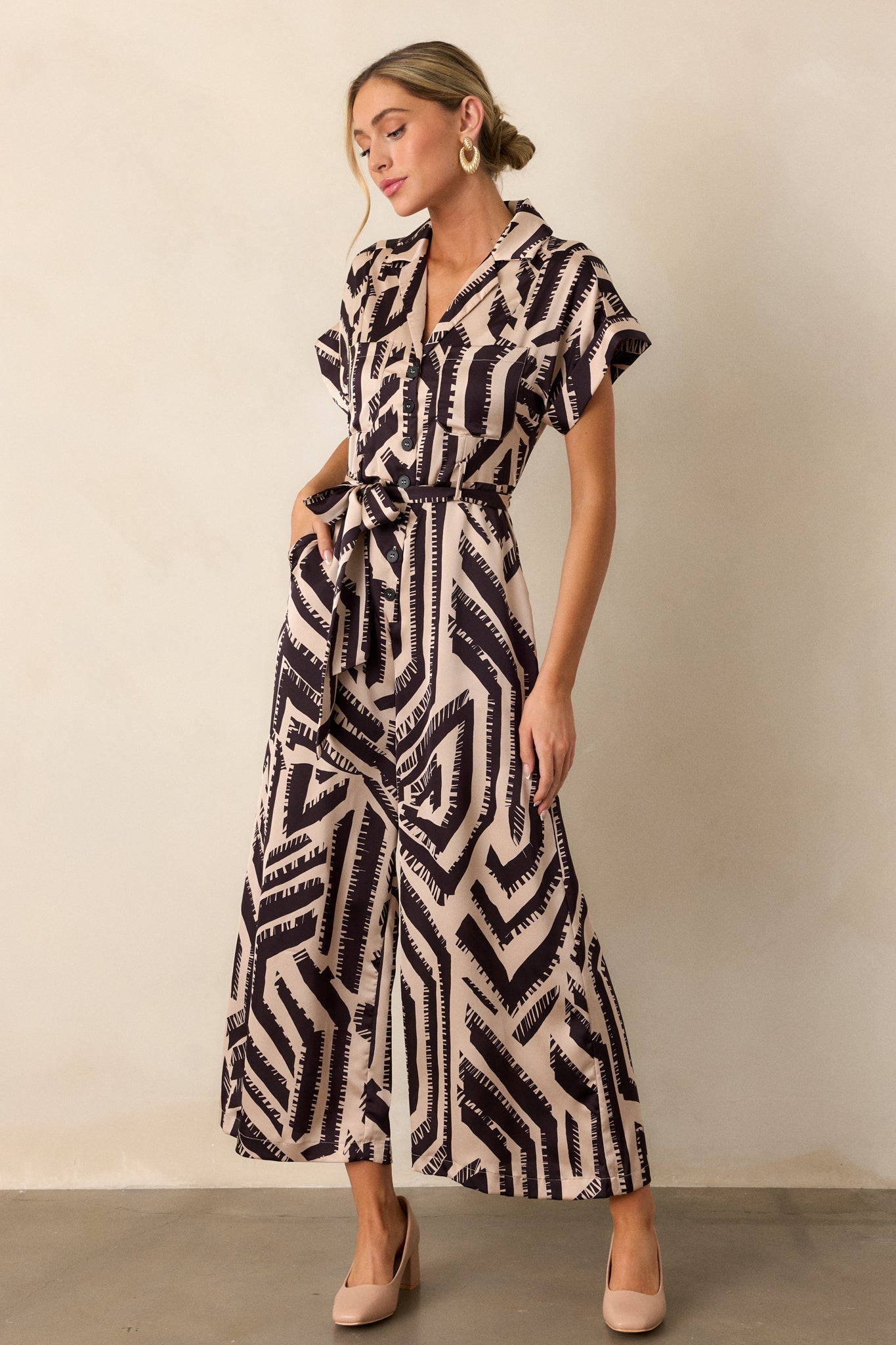 Dream Catching Black Geo Print Short Sleeve Jumpsuit