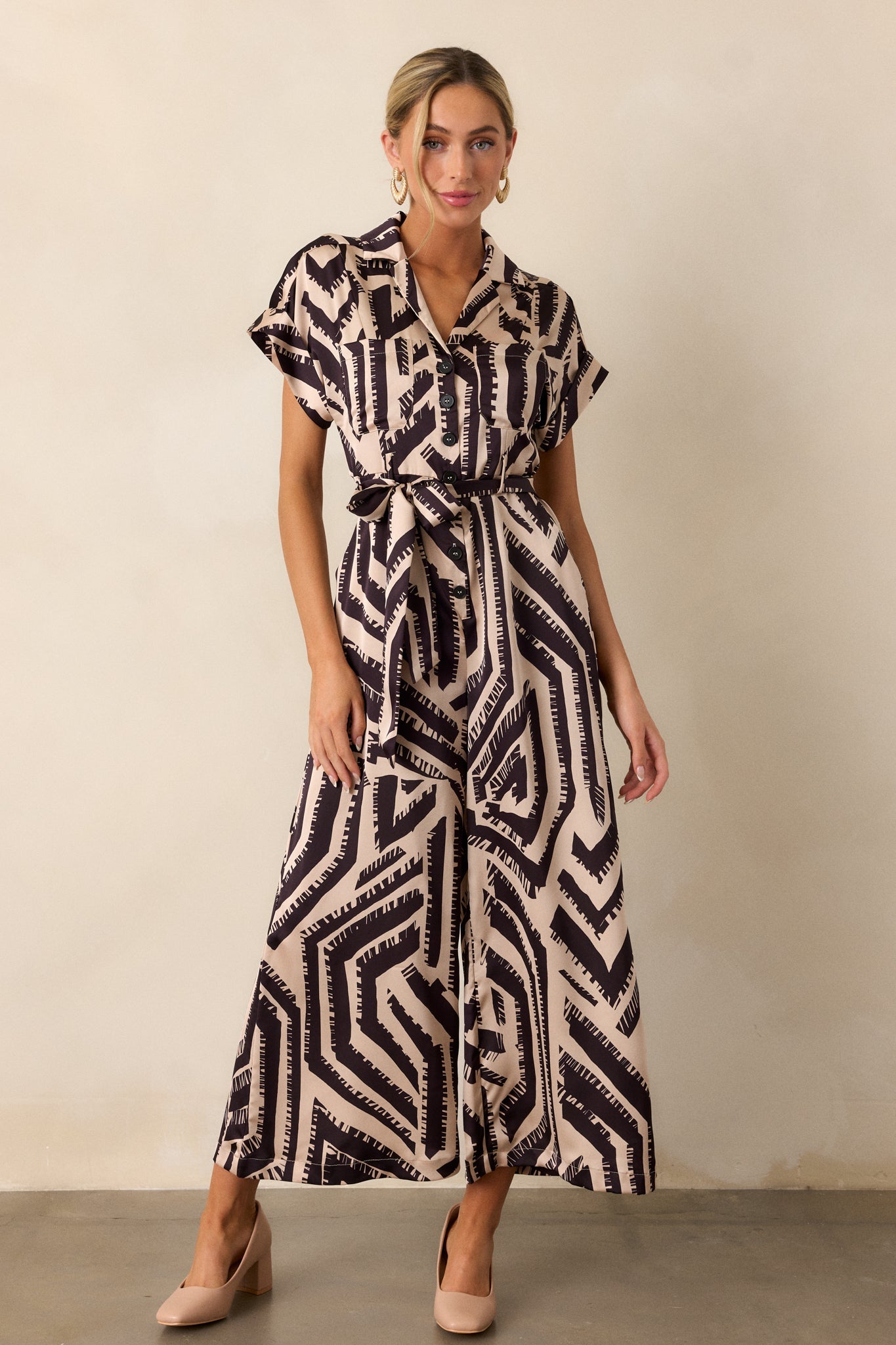 Dream Catching Black Geo Print Short Sleeve Jumpsuit