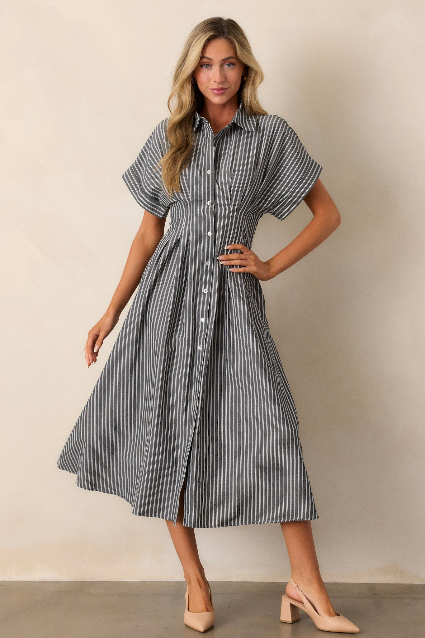 Falling Into Place Black Stripe Short Sleeve Midi Dress