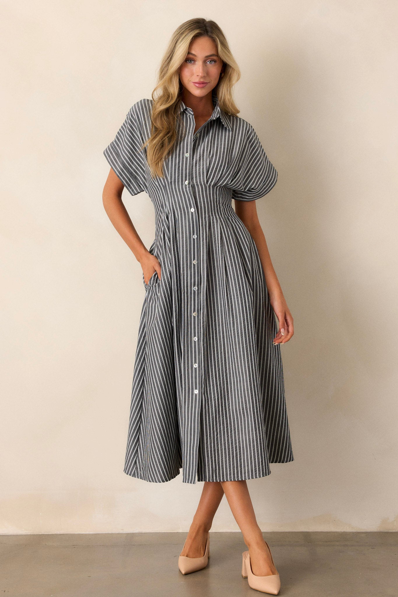 Falling Into Place Black Stripe Short Sleeve Midi Dress