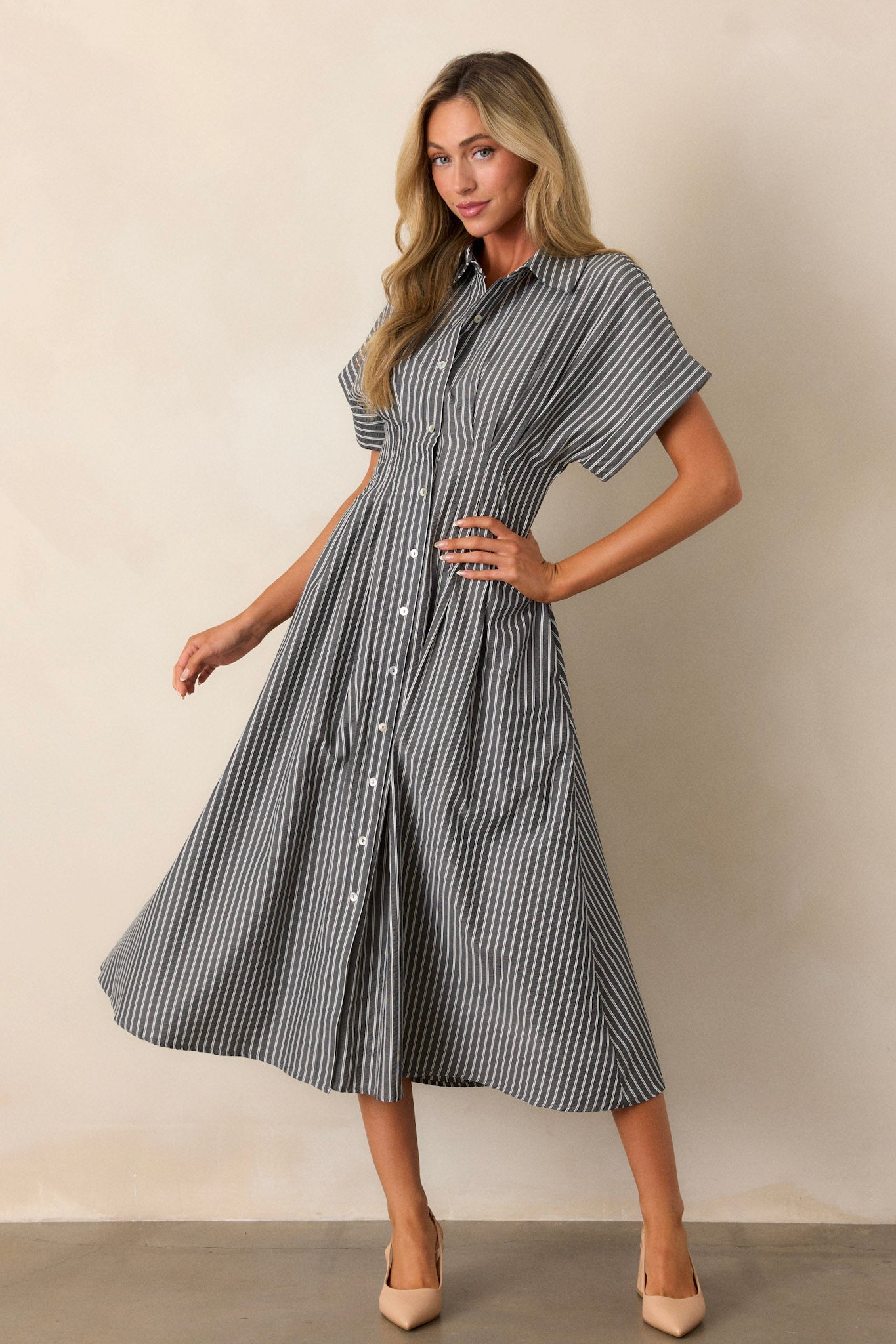 Falling Into Place Black Stripe Short Sleeve Midi Dress