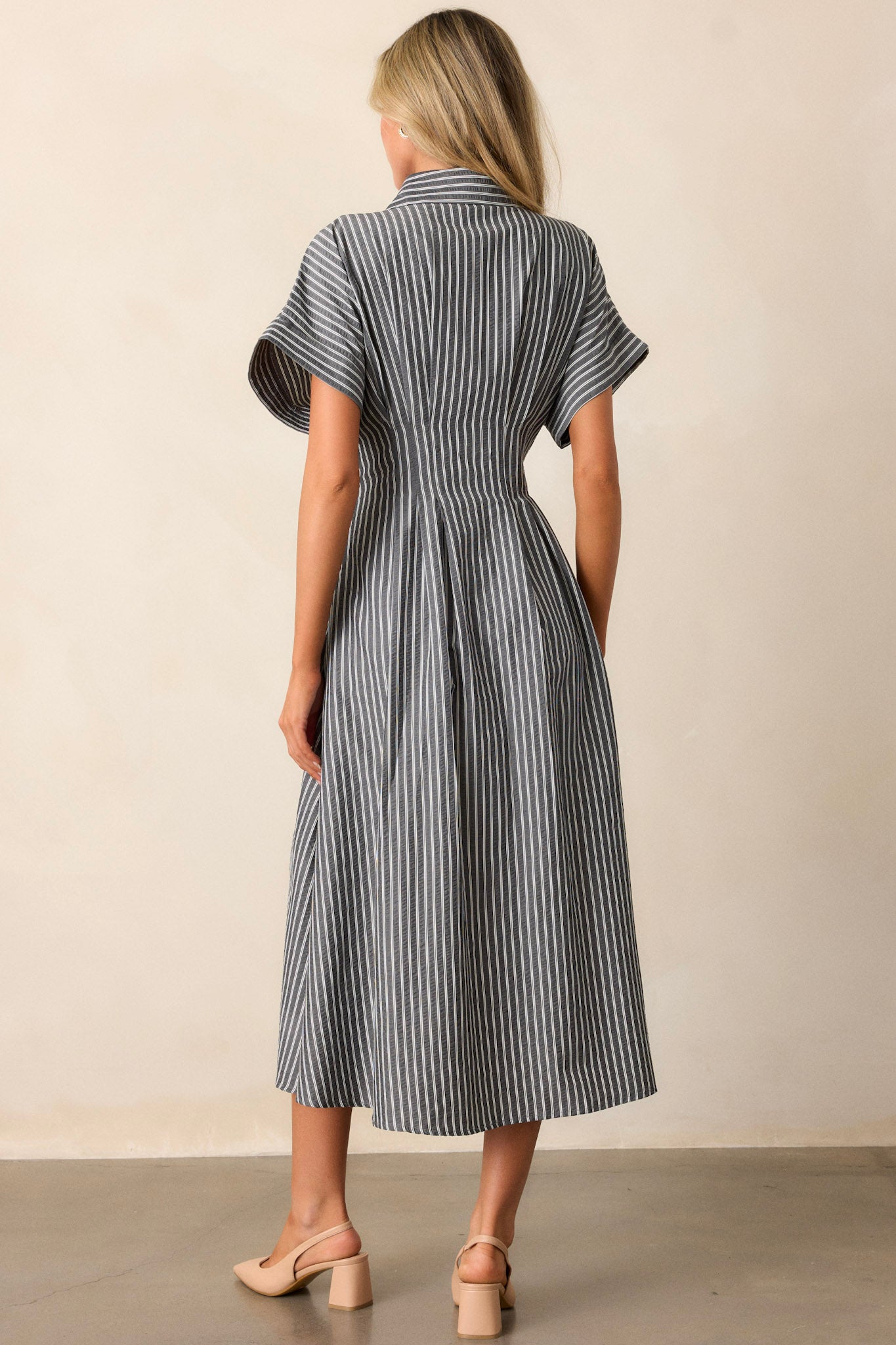 Falling Into Place Black Stripe Short Sleeve Midi Dress