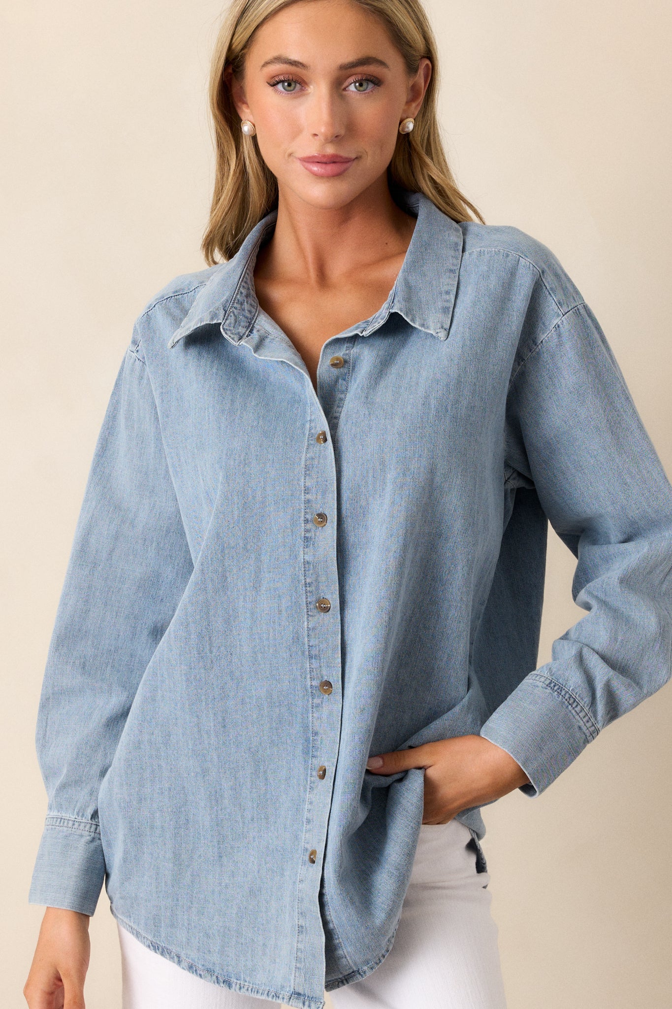 In Plain Sight Cotton Light Chambray Button Front Top