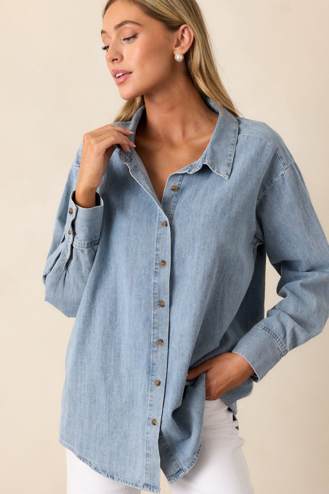 In Plain Sight Cotton Light Chambray Button Front Top