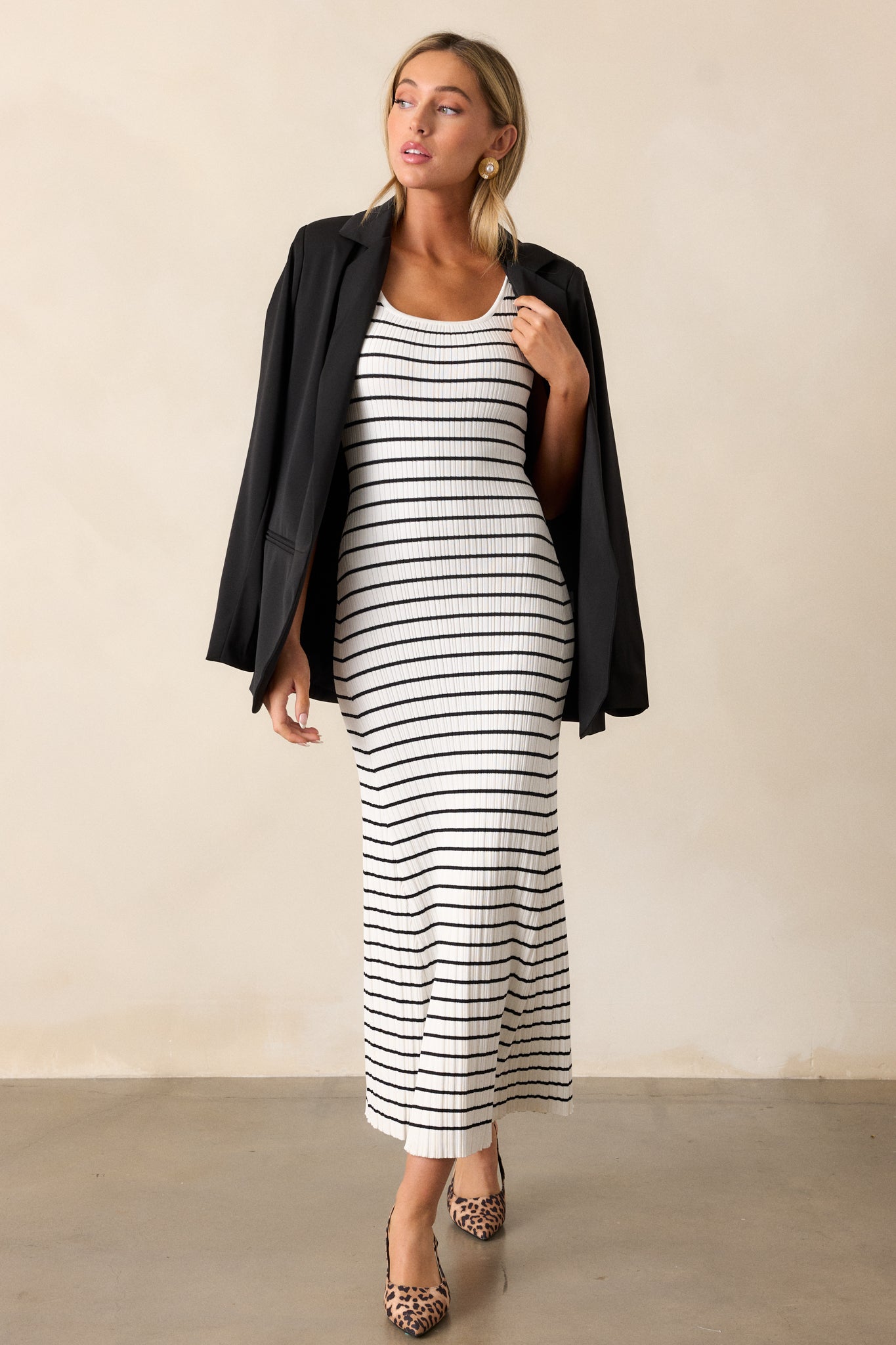 Classic Rhythm White Stripe Ribbed Maxi Dress