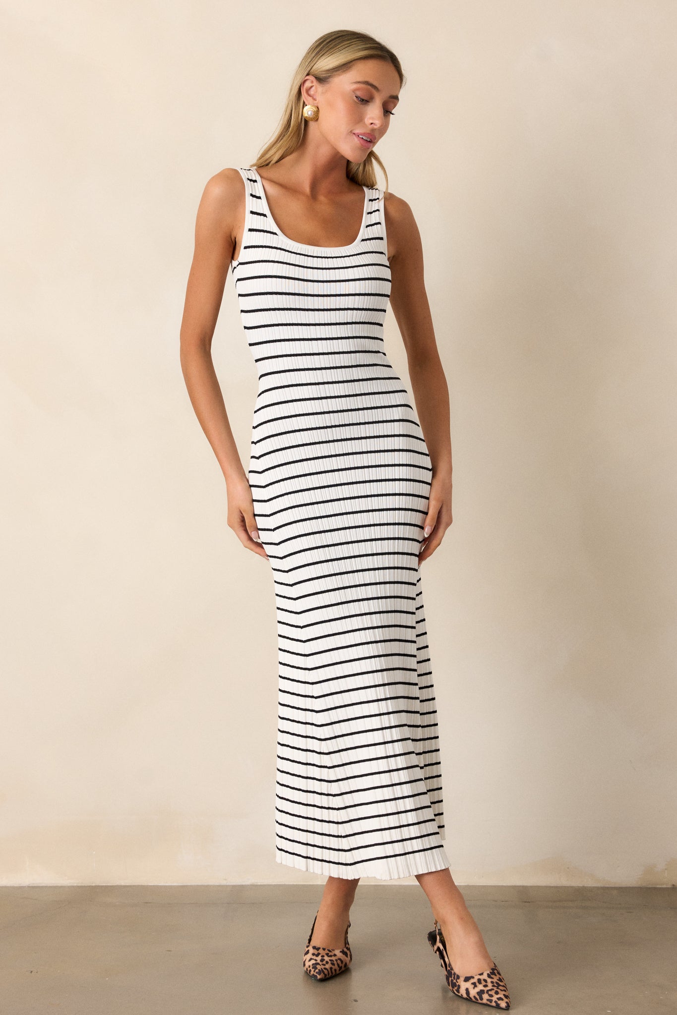 Classic Rhythm White Stripe Ribbed Maxi Dress