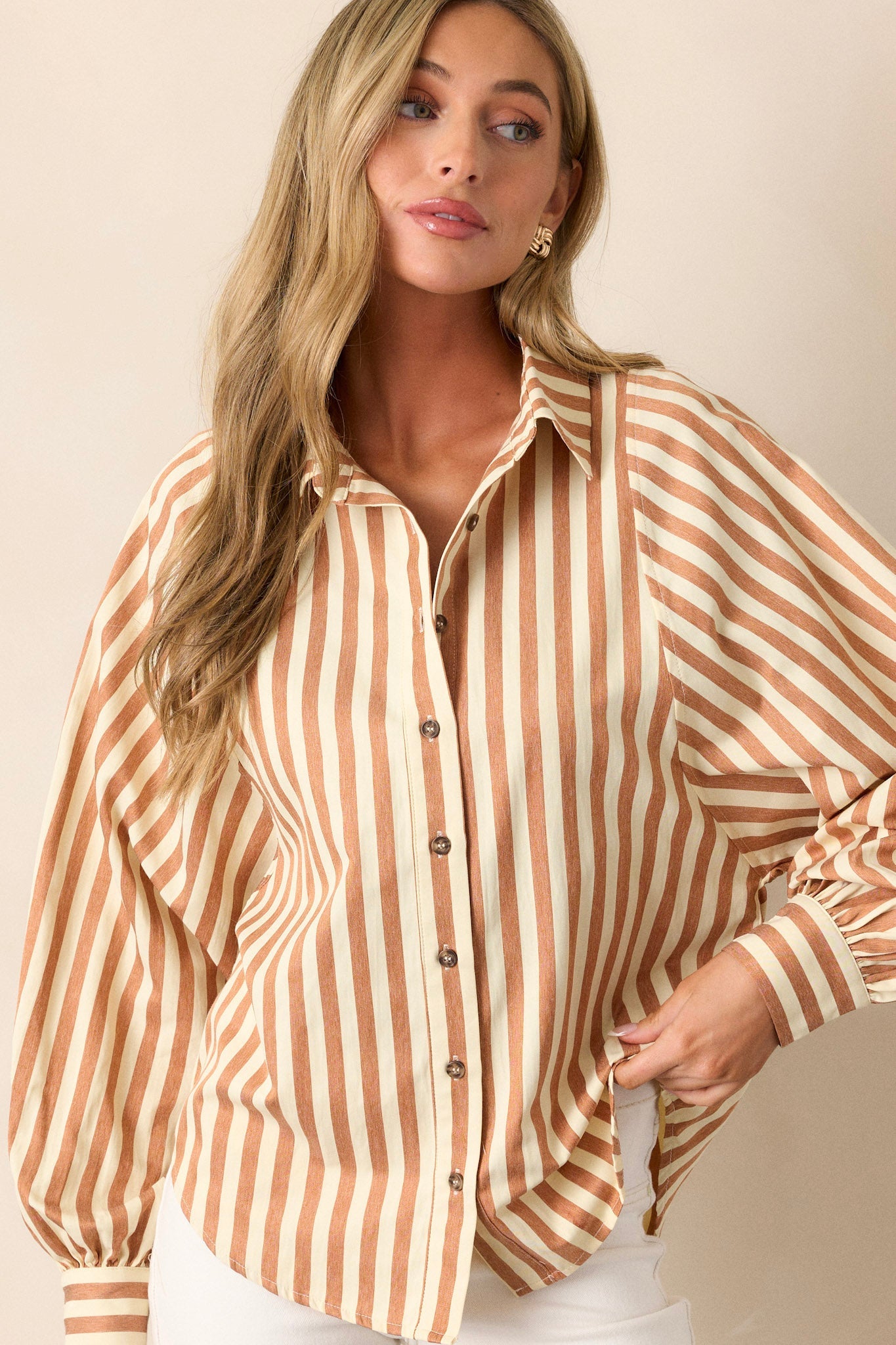 Bridge Over Water Tan Stripe Button Front Top