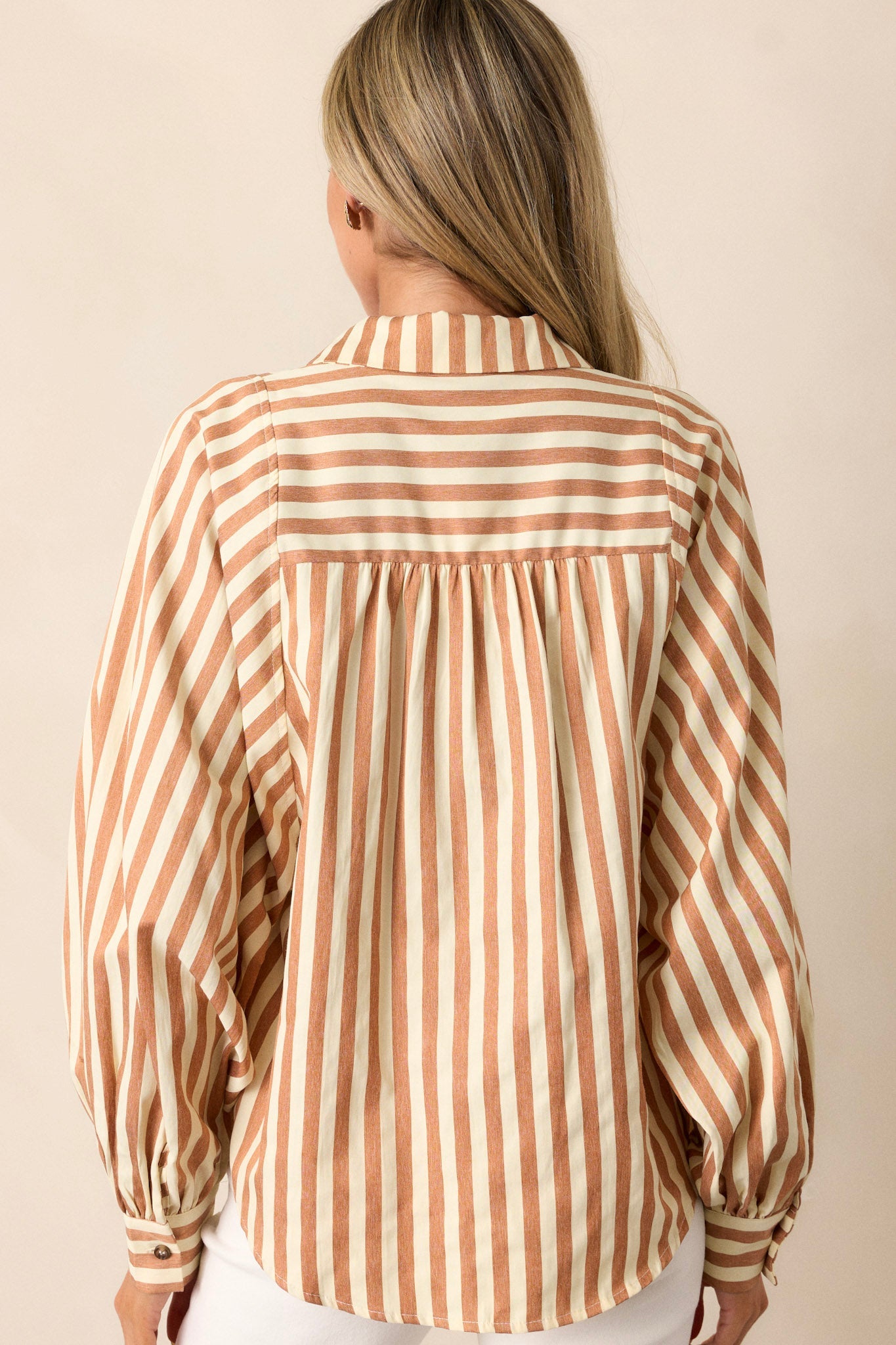 Bridge Over Water Tan Stripe Button Front Top